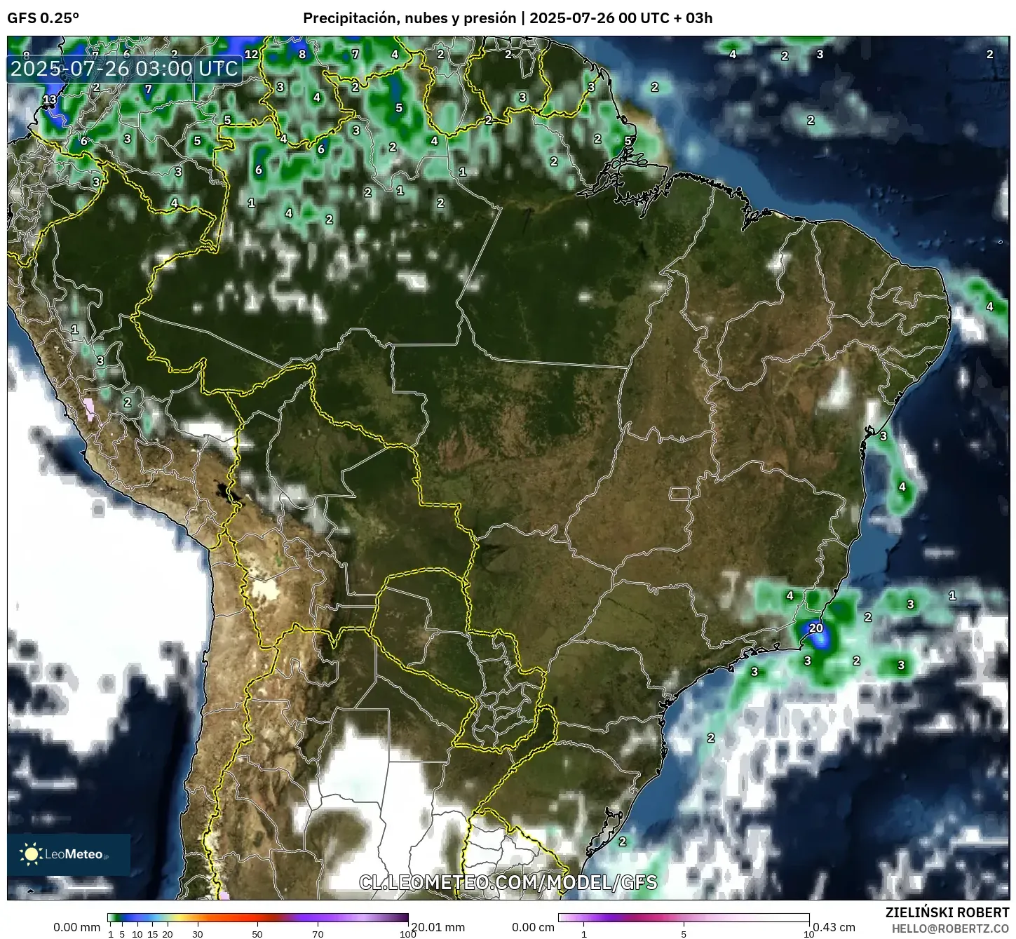 GFS model - Brasil, Precipitación, nubes y presión