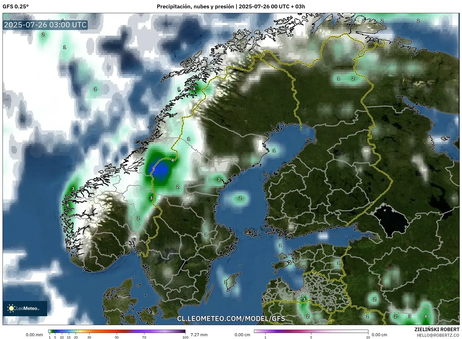 GFS model - Escandinavia, Precipitación, nubes y presión