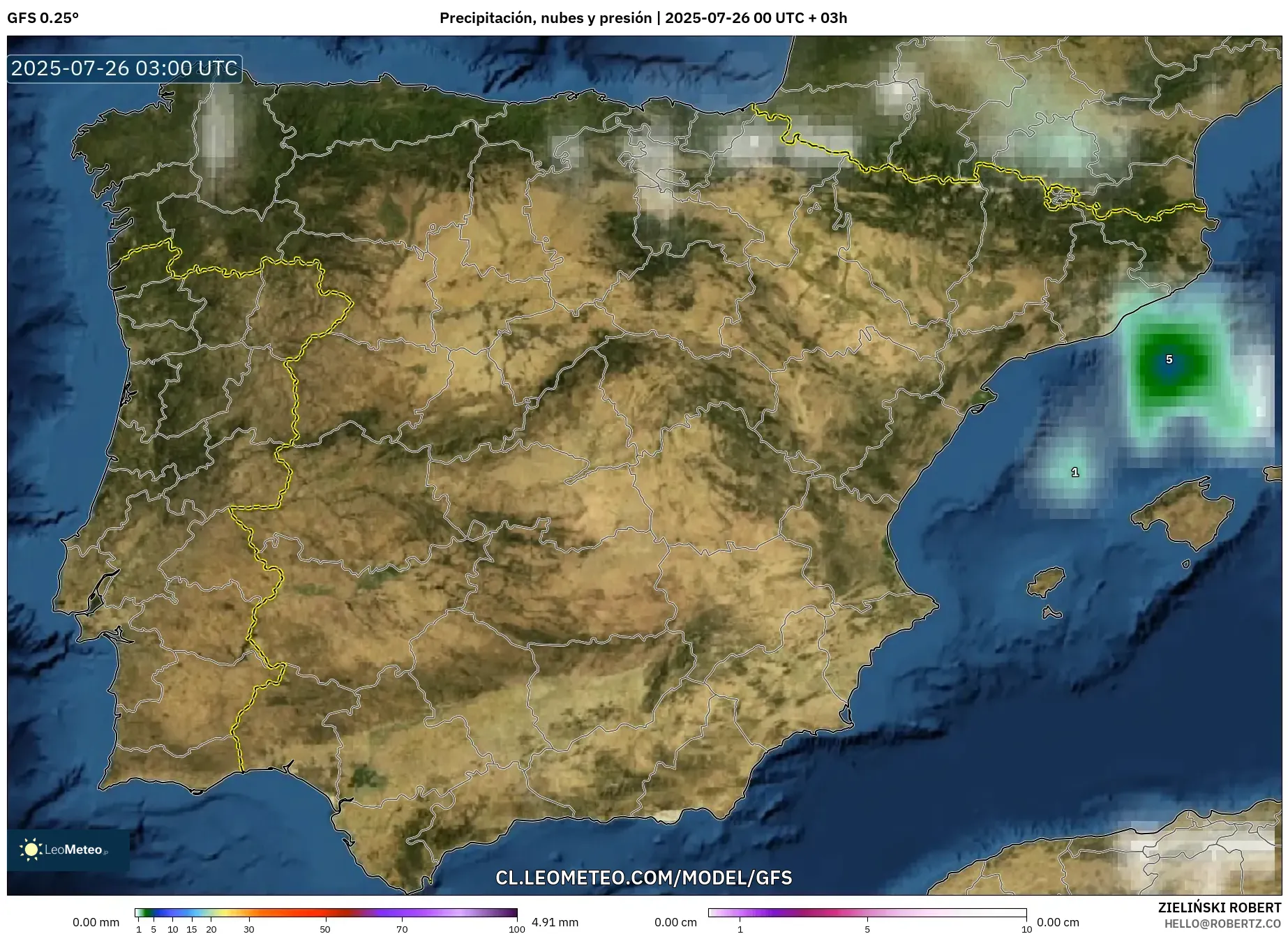GFS model - España, Precipitación, nubes y presión