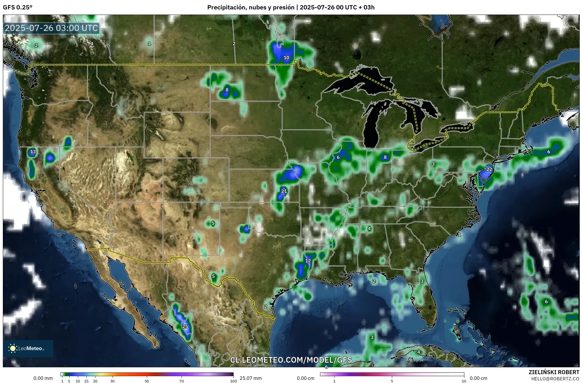GFS model - Estados Unidos, Precipitación, nubes y presión