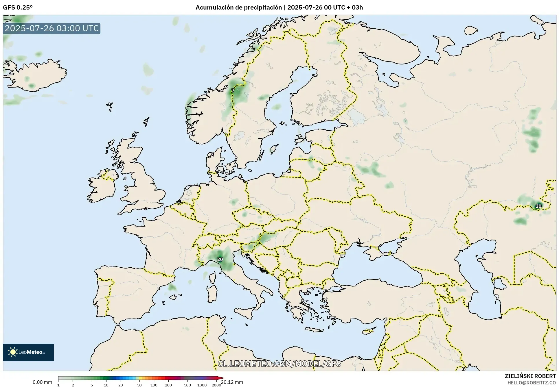 GFS model - Europa, Acumulación de precipitación