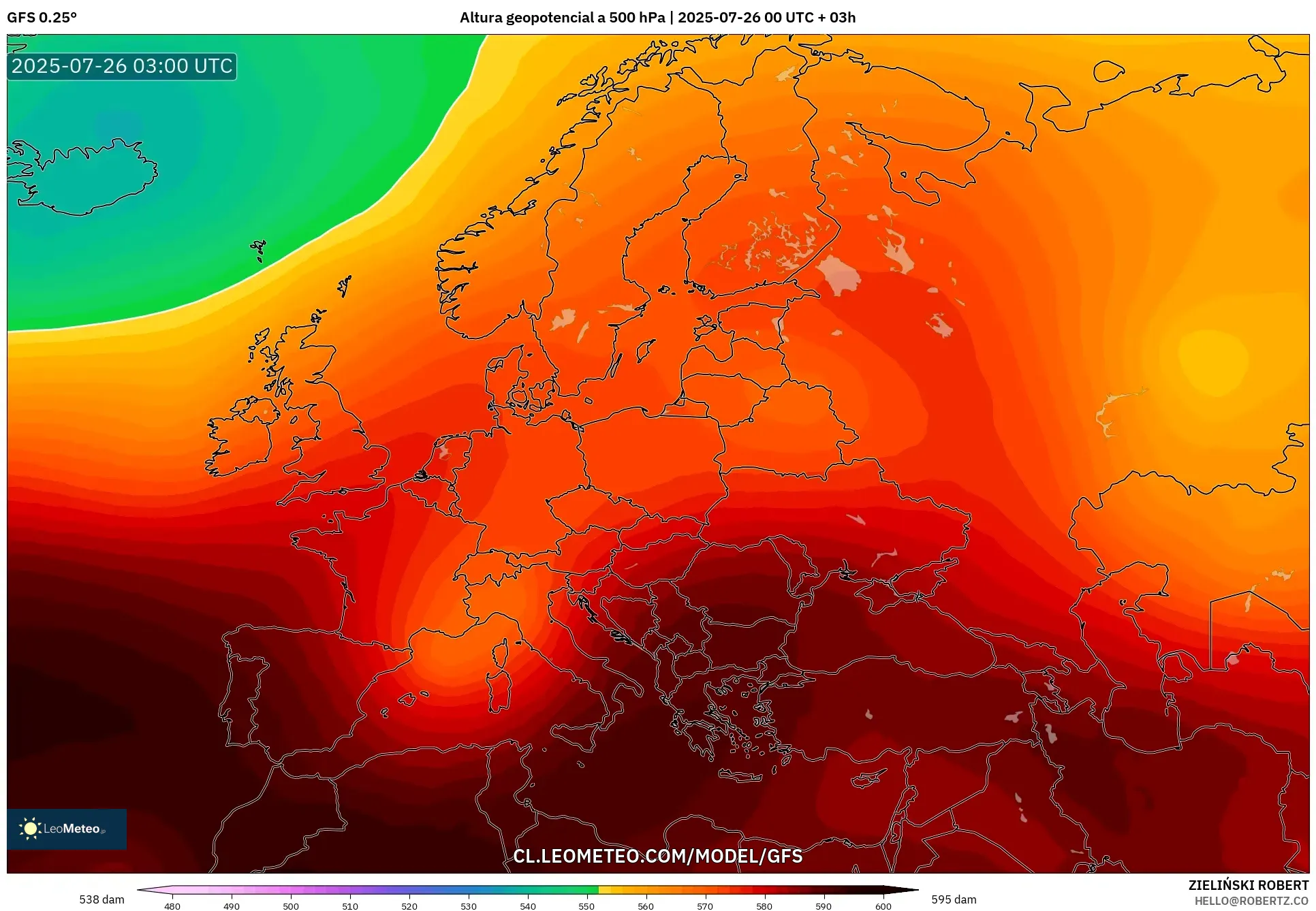 GFS model - Europa, Altura geopotencial a 500 hPa