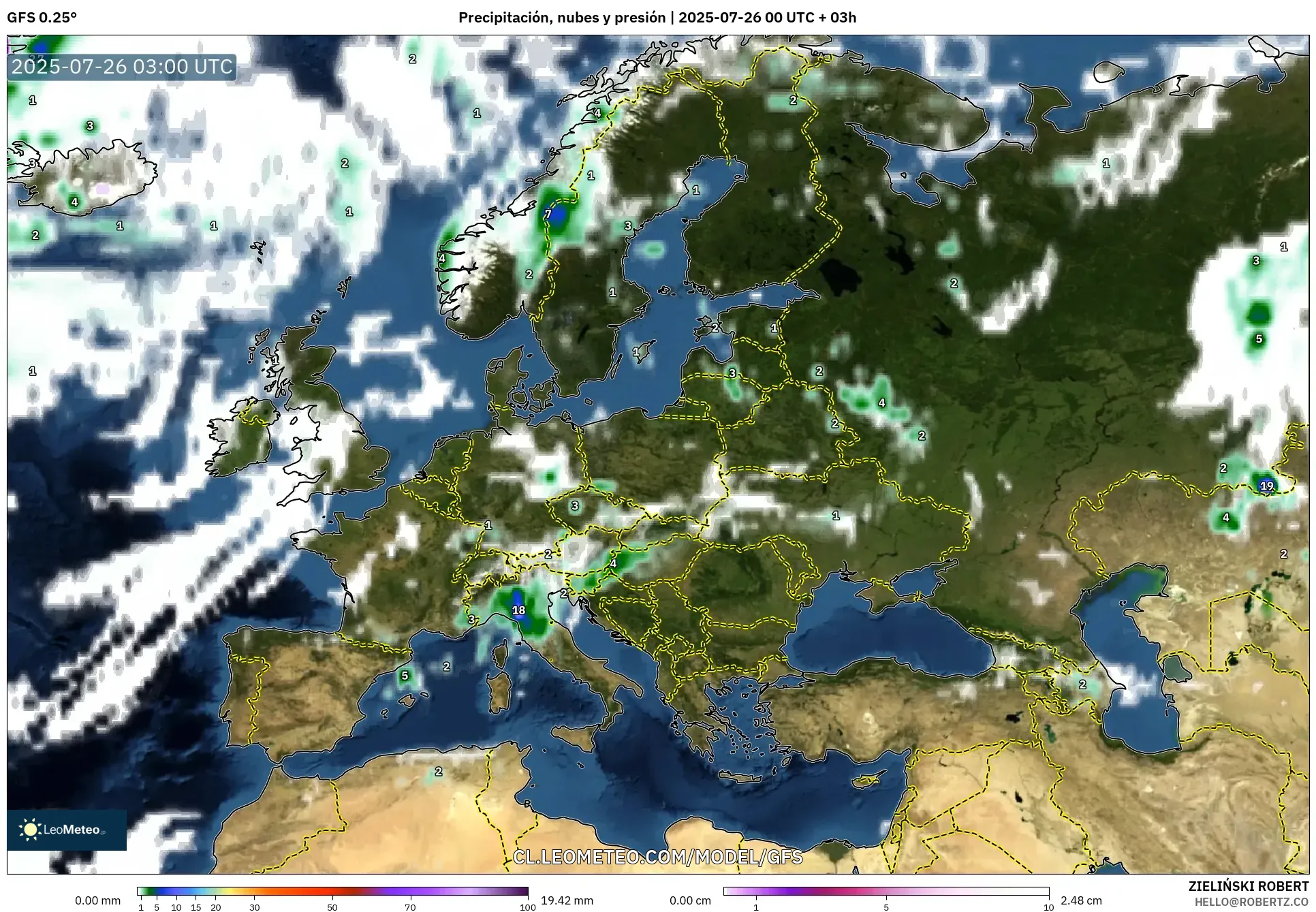 GFS model - Europa, Precipitación, nubes y presión