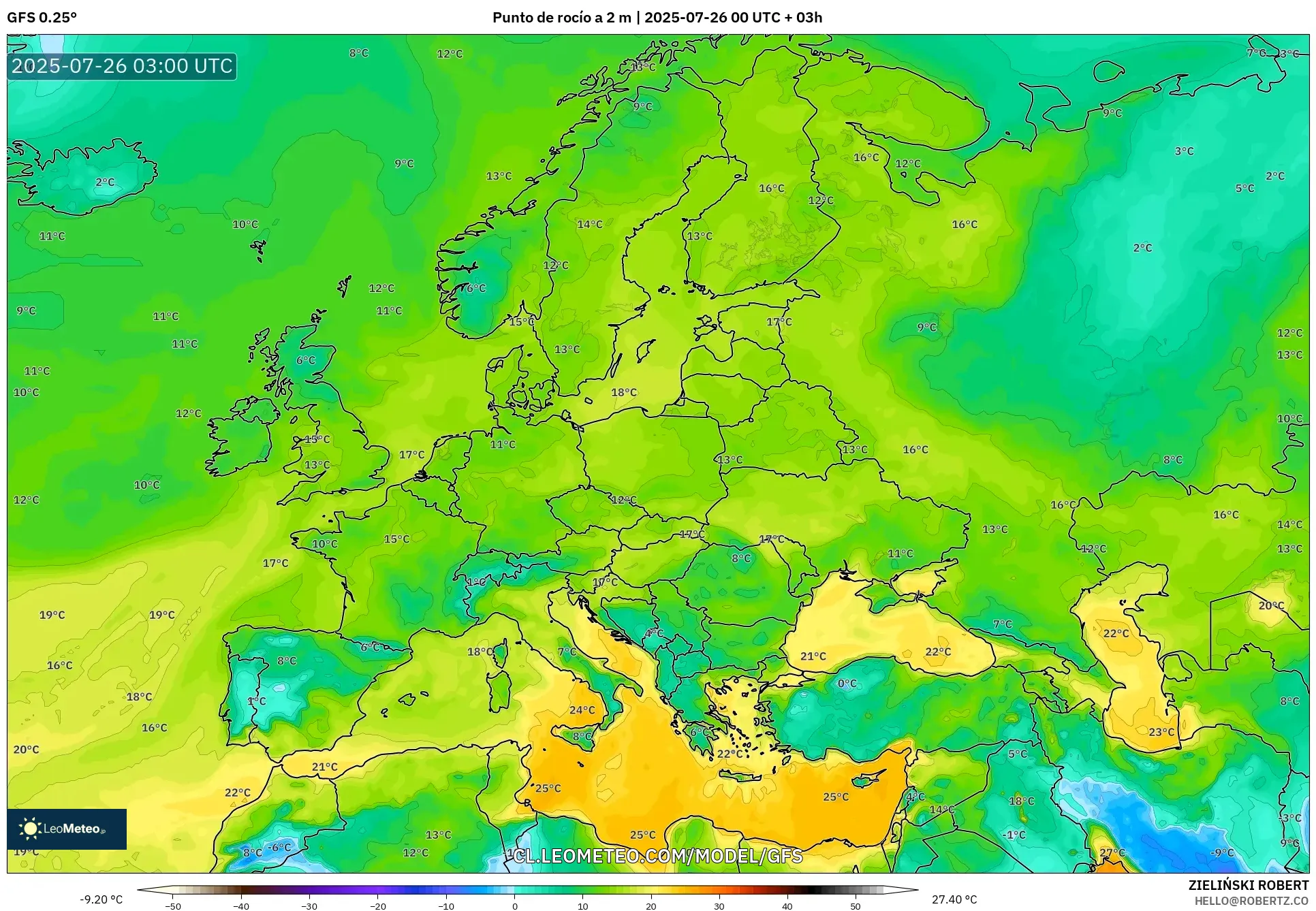 GFS model - Europa, Punto de rocío a 2 m