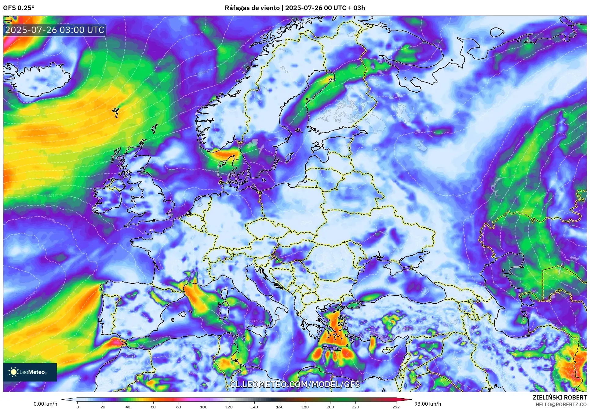 GFS model - Europa, Ráfagas de viento