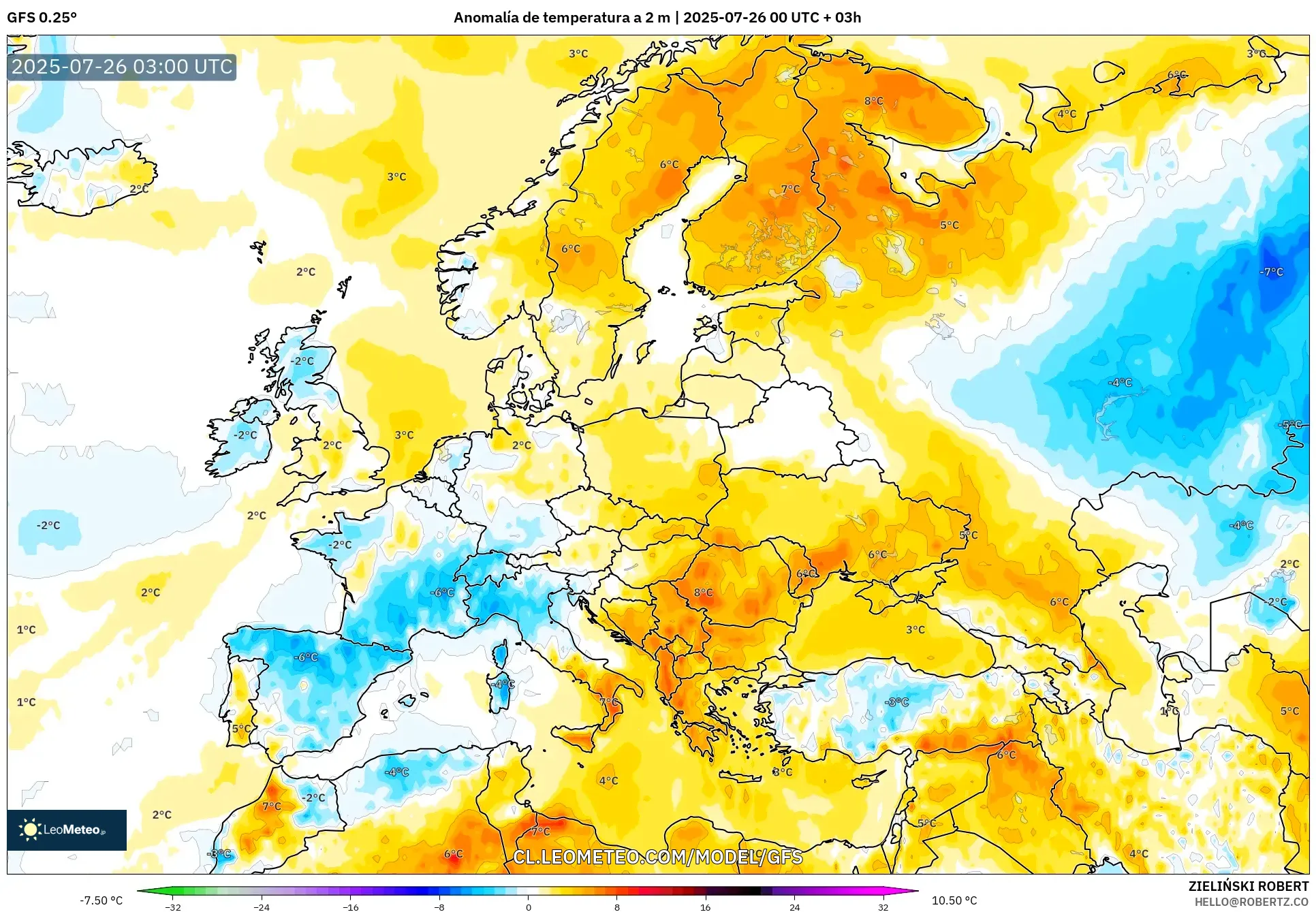 GFS model - Europa, Anomalía de temperatura a 2 m