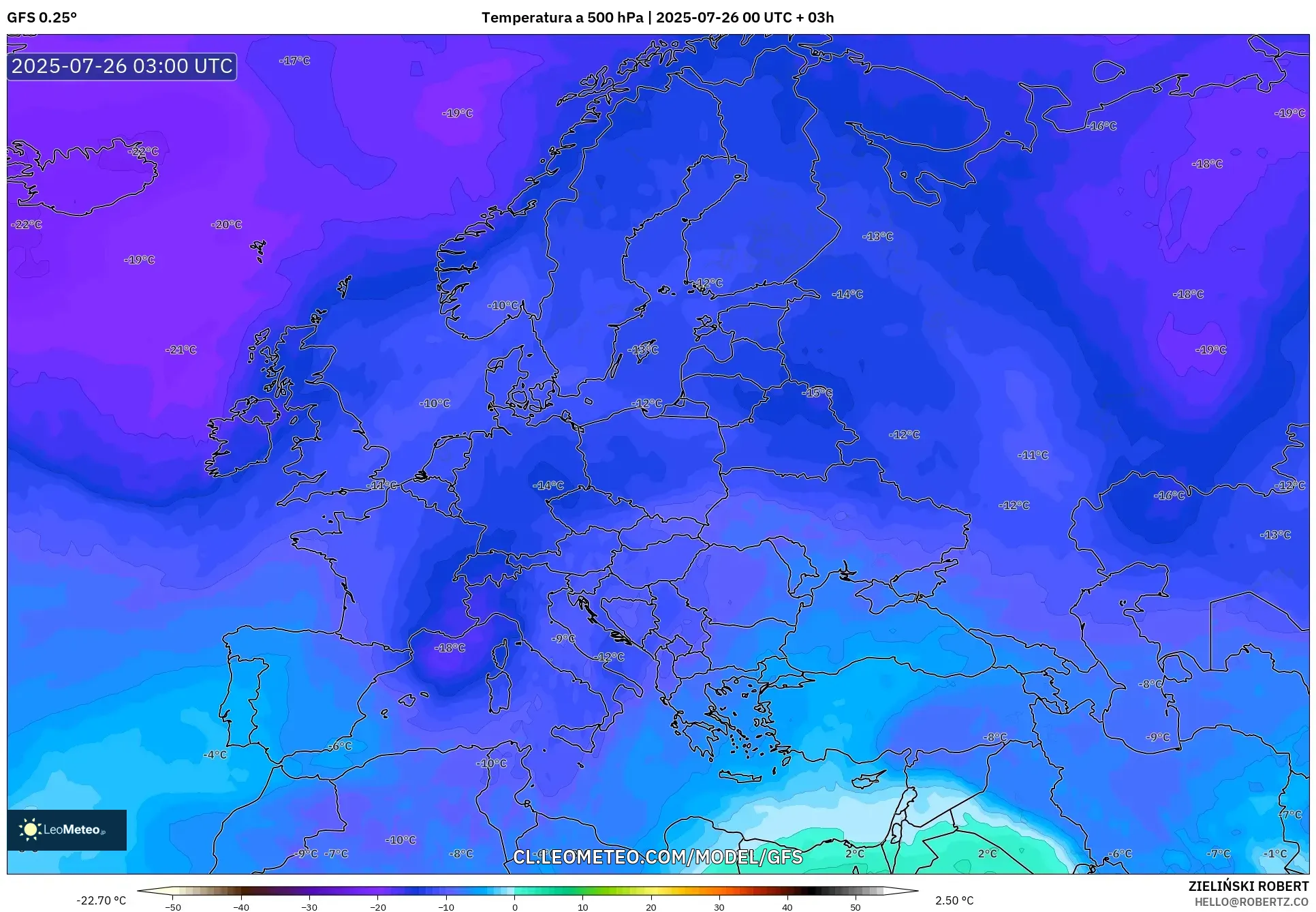 GFS model - Europa, Temperatura a 500 hPa