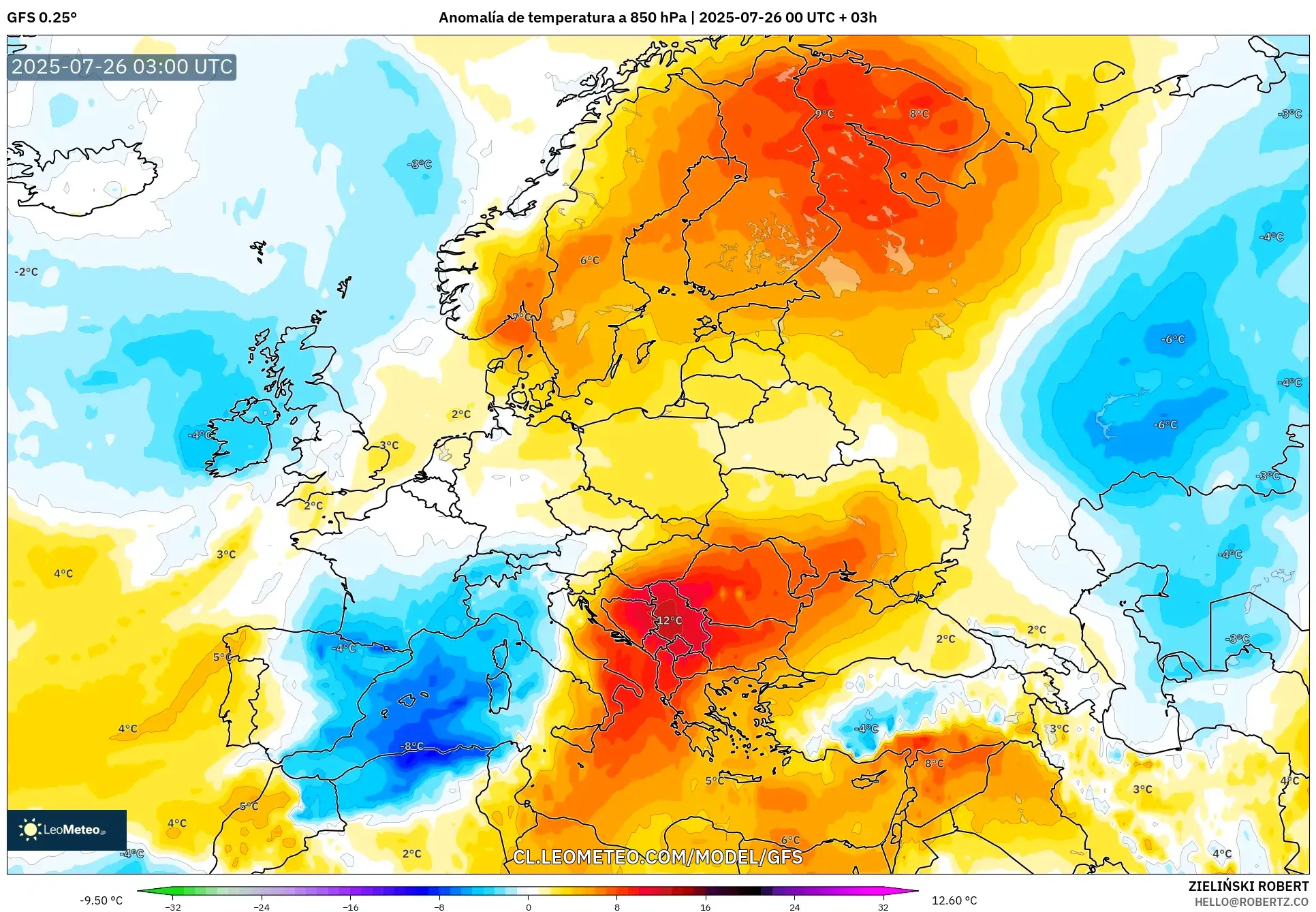 GFS model - Europa, Anomalía de temperatura a 850 hPa