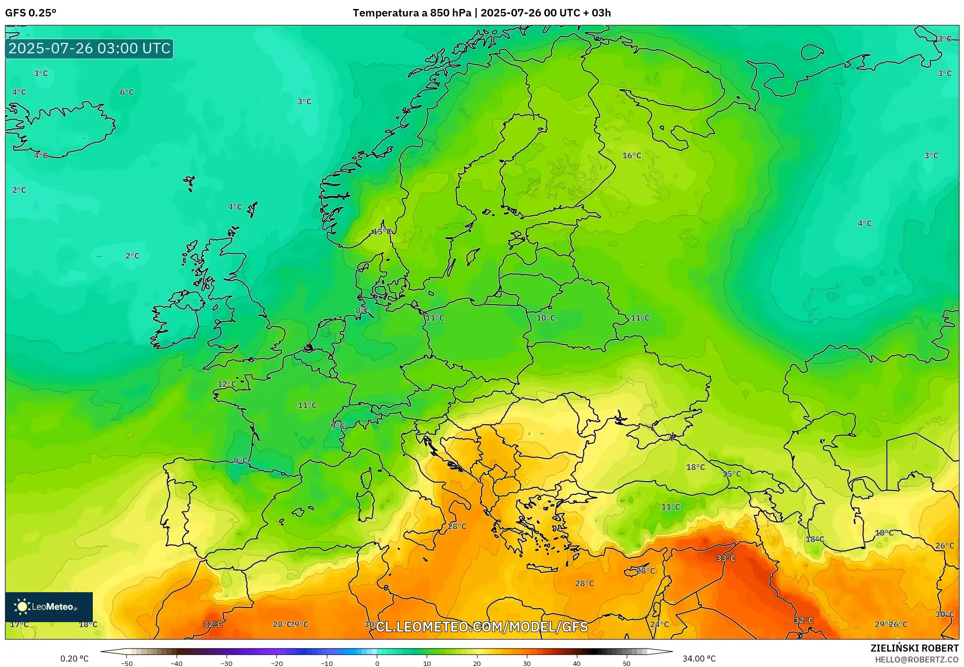 GFS model - Europa, Temperatura a 850 hPa