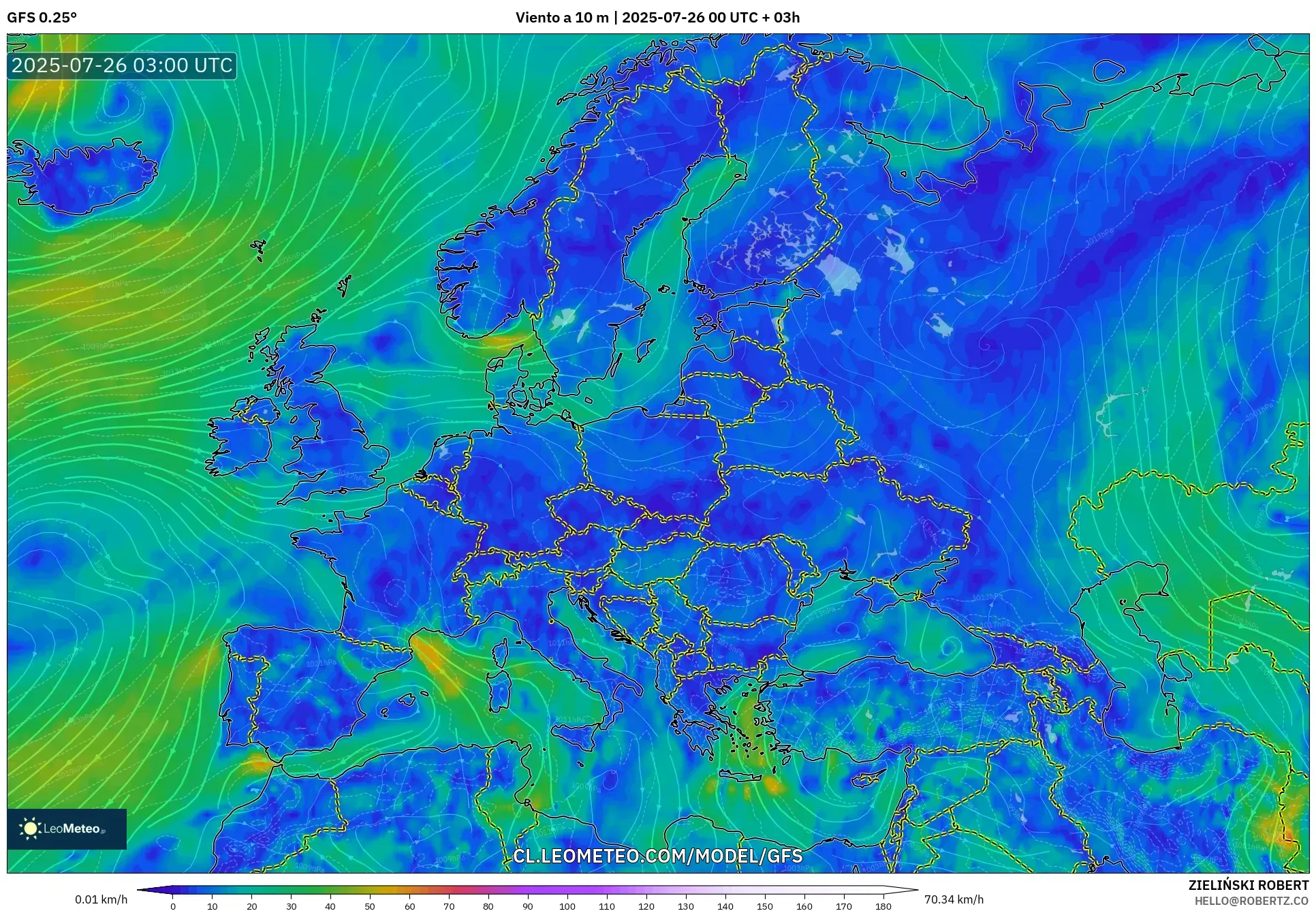 GFS model - Europa, Viento a 10 m
