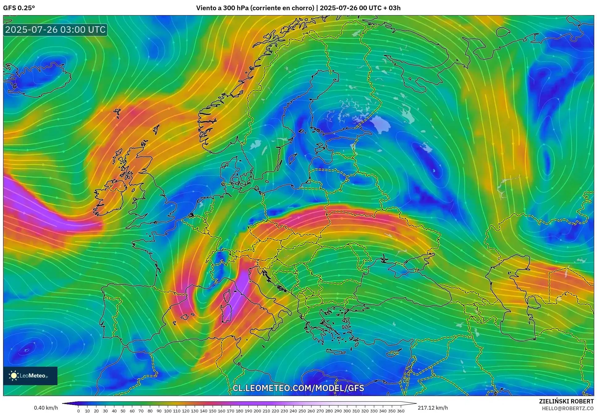 GFS model - Europa, Viento a 300 hPa (corriente en chorro)