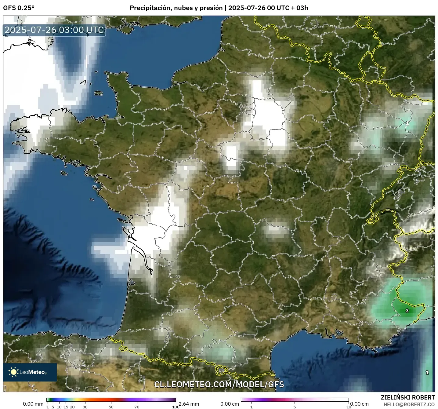 GFS model - Francia, Precipitación, nubes y presión