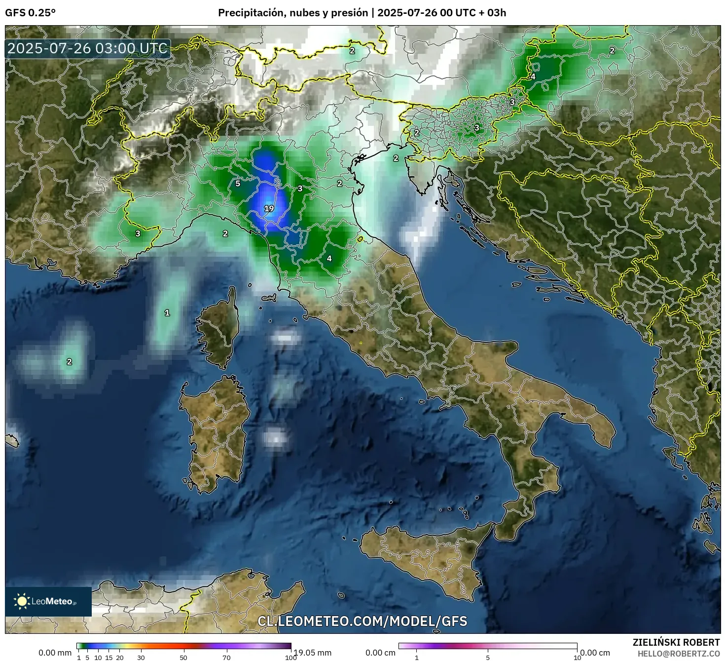 GFS model - Italia, Precipitación, nubes y presión