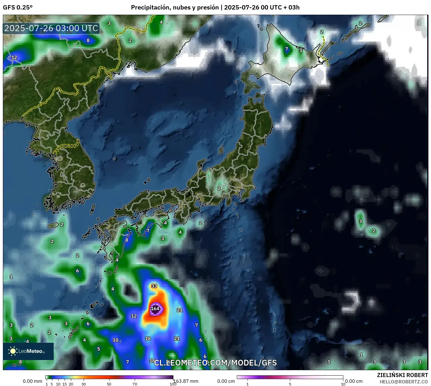 GFS model - Japón, Precipitación, nubes y presión