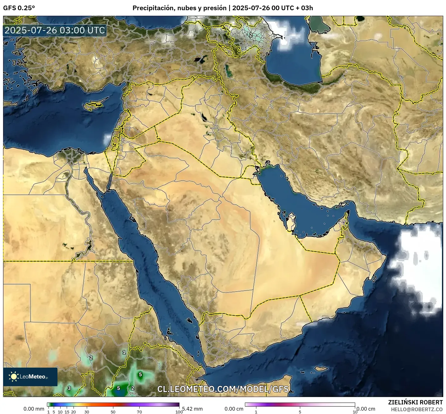 GFS model - Oriente Medio, Precipitación, nubes y presión