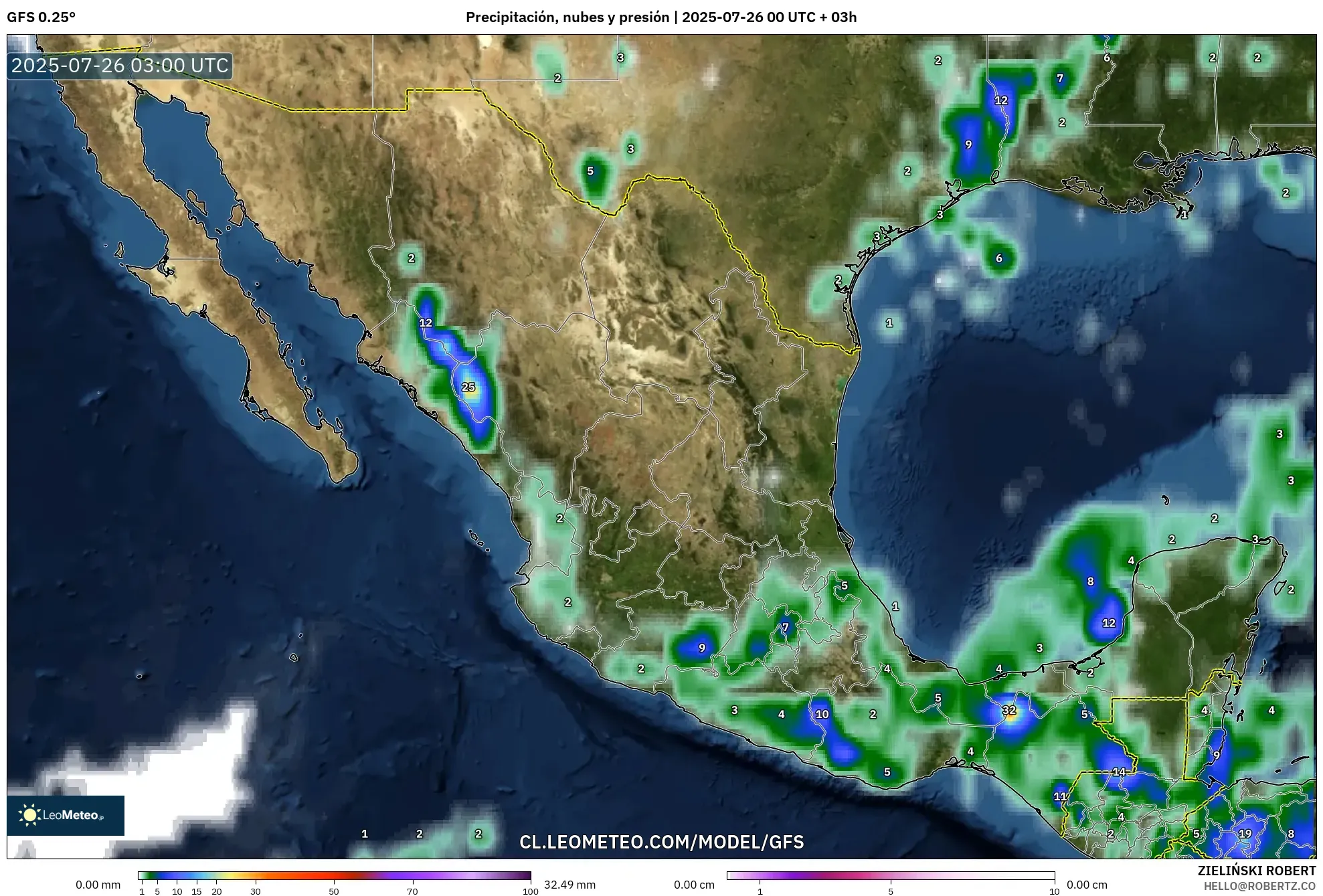 GFS model - México, Precipitación, nubes y presión