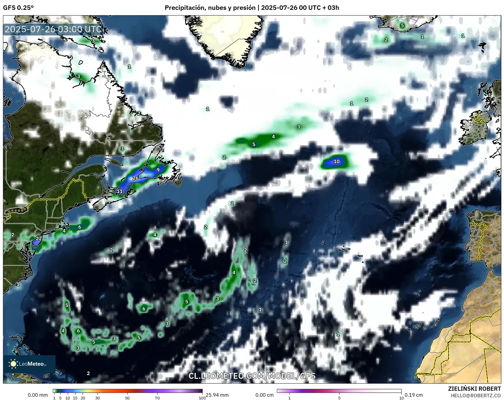 GFS model - Norte Atlántico, Precipitación, nubes y presión