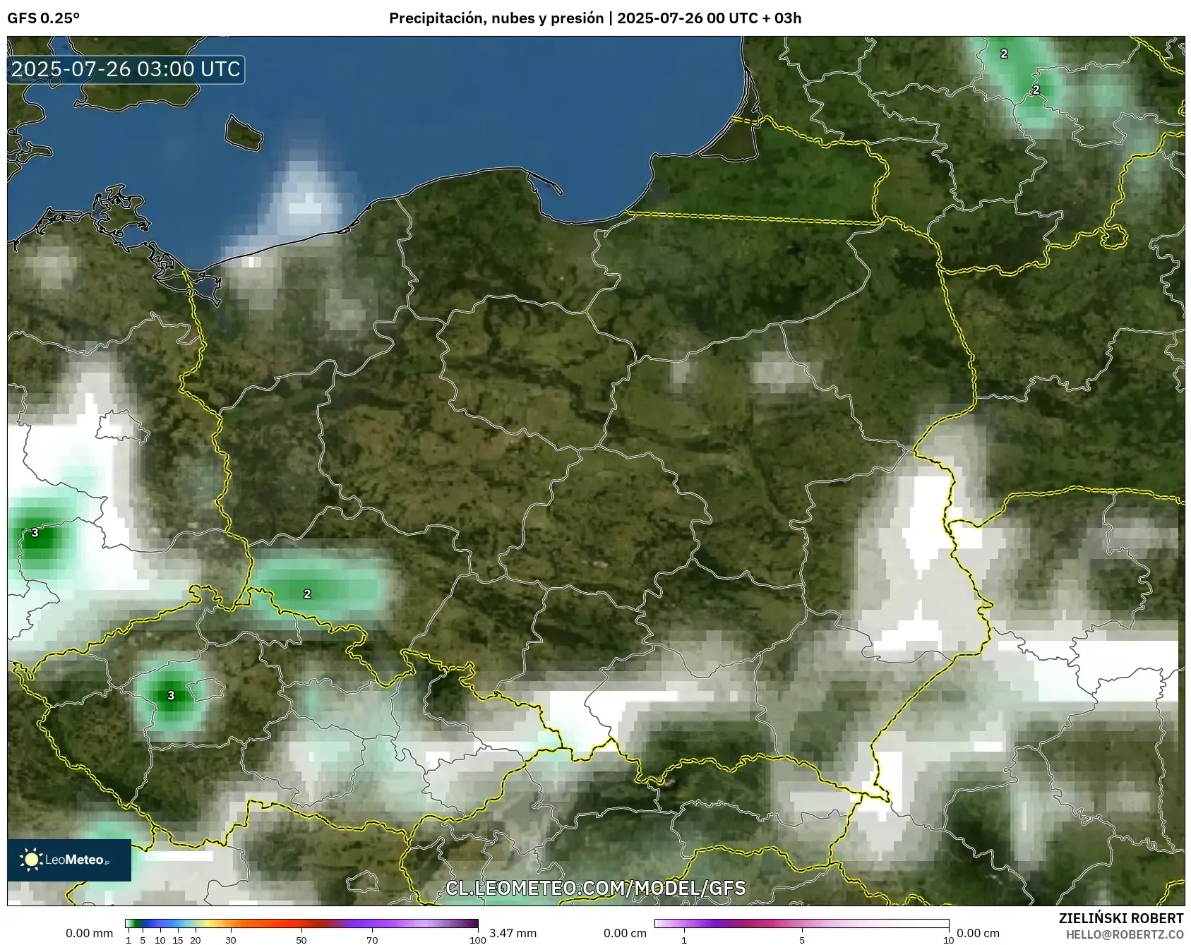 GFS model - Polonia, Precipitación, nubes y presión