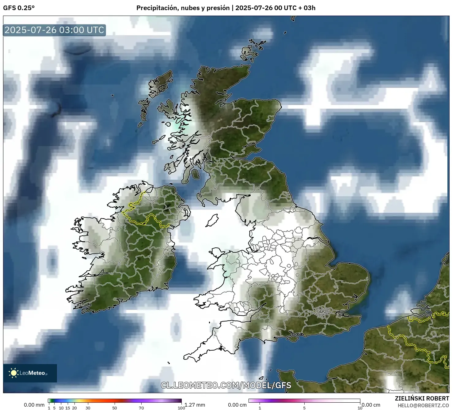 GFS model - Reino Unido, Precipitación, nubes y presión