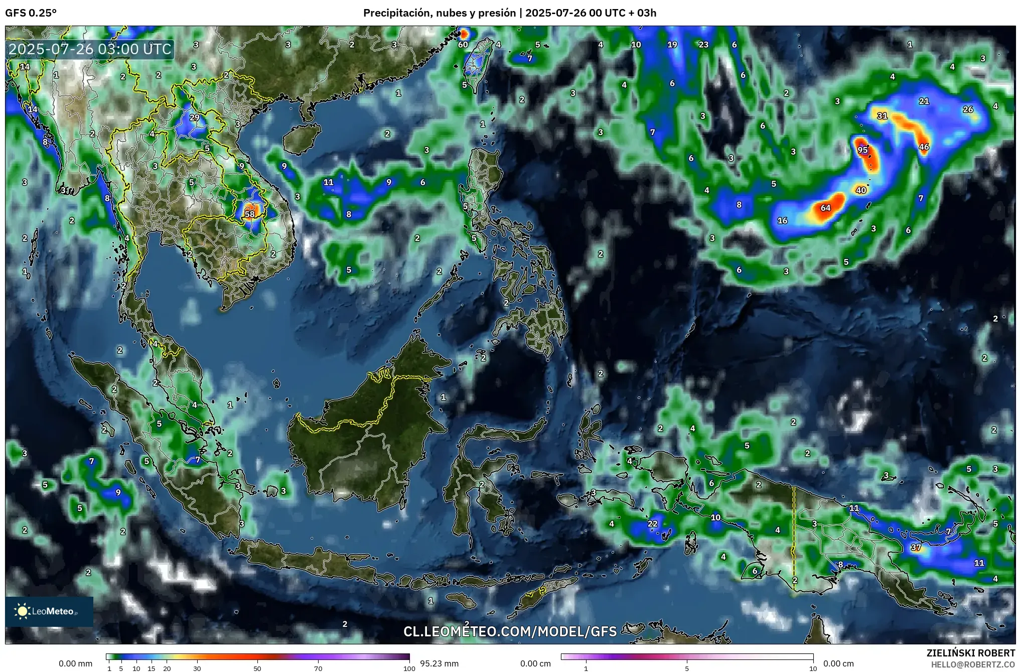 GFS model - Sudeste Asiático, Precipitación, nubes y presión
