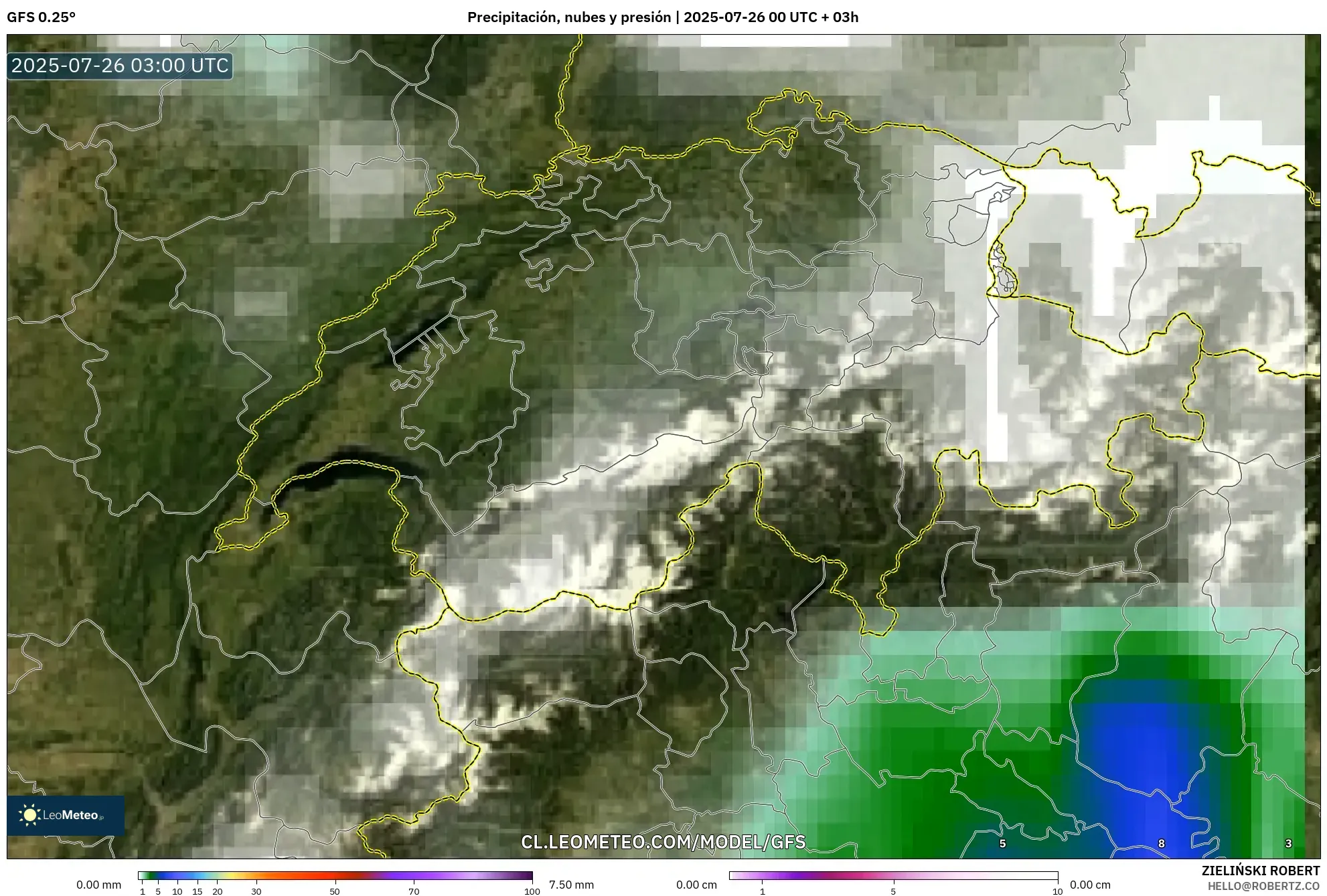 GFS model - Suiza, Precipitación, nubes y presión