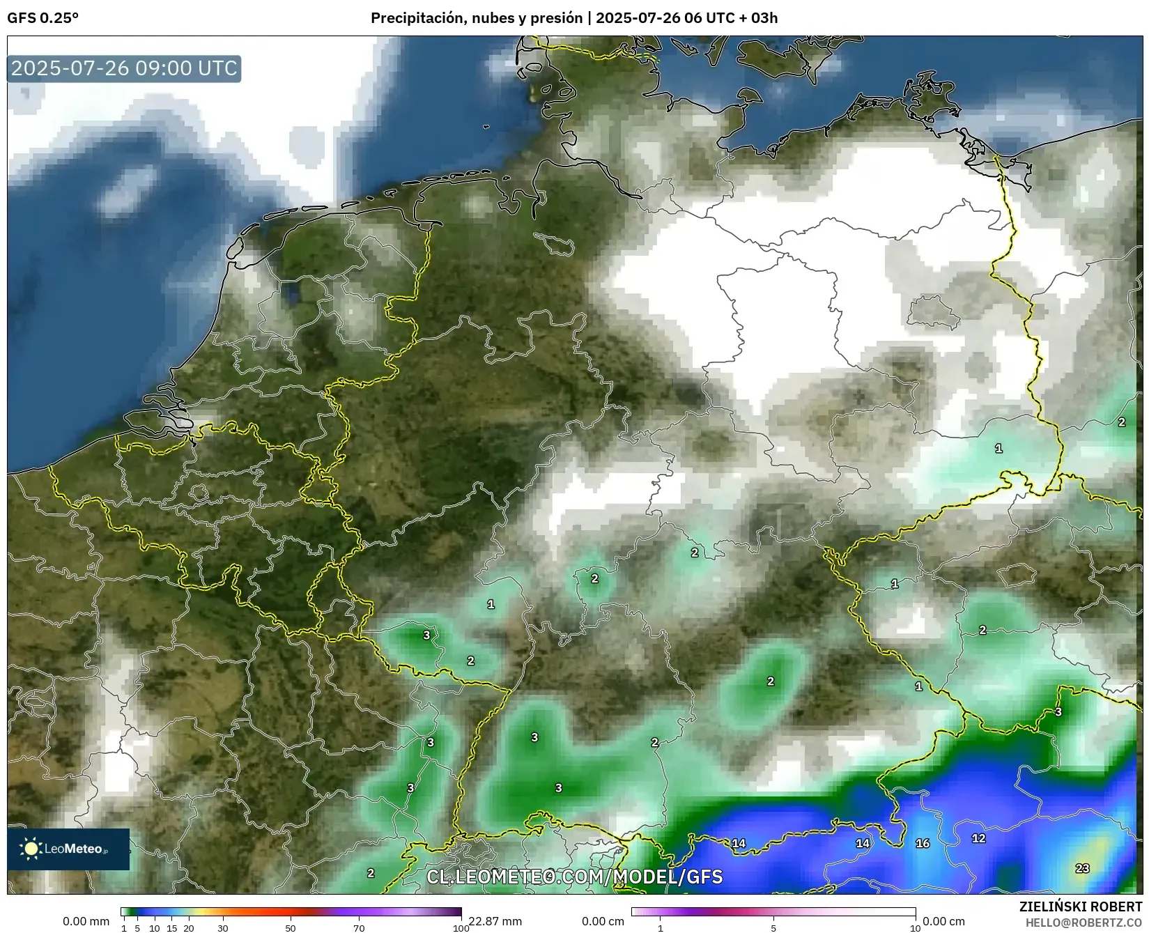 GFS model - Alemania, Precipitación, nubes y presión