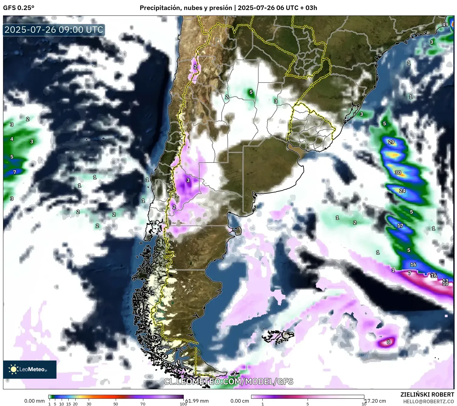 GFS model - Argentina, Precipitación, nubes y presión