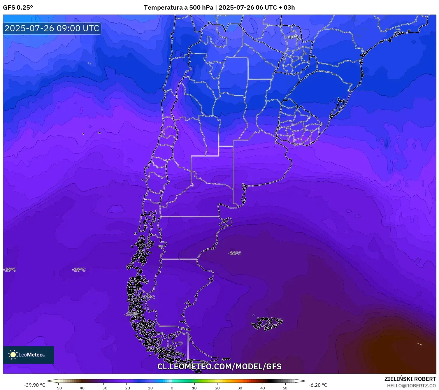 GFS model - Argentina, Temperatura a 500 hPa