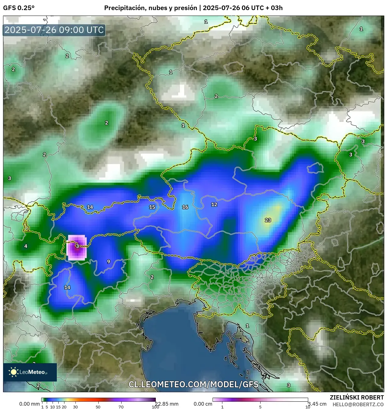 GFS model - Austria, Precipitación, nubes y presión