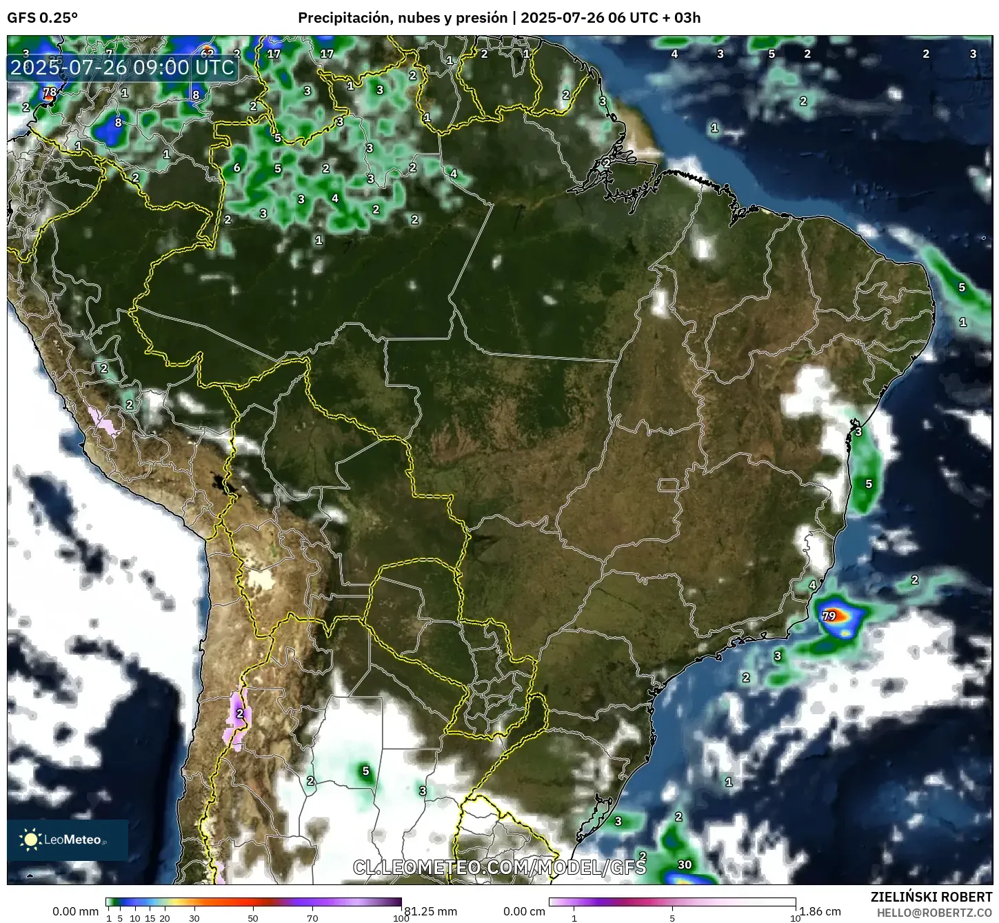 GFS model - Brasil, Precipitación, nubes y presión