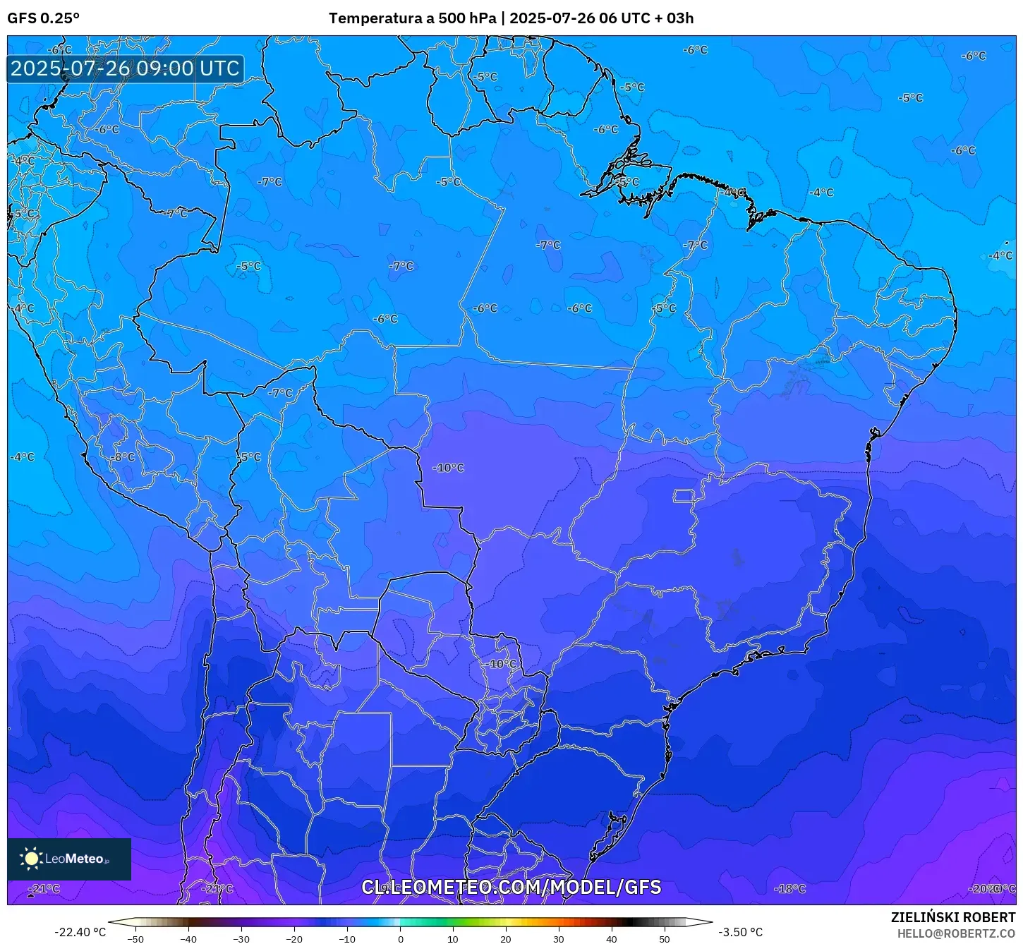 GFS model - Brasil, Temperatura a 500 hPa