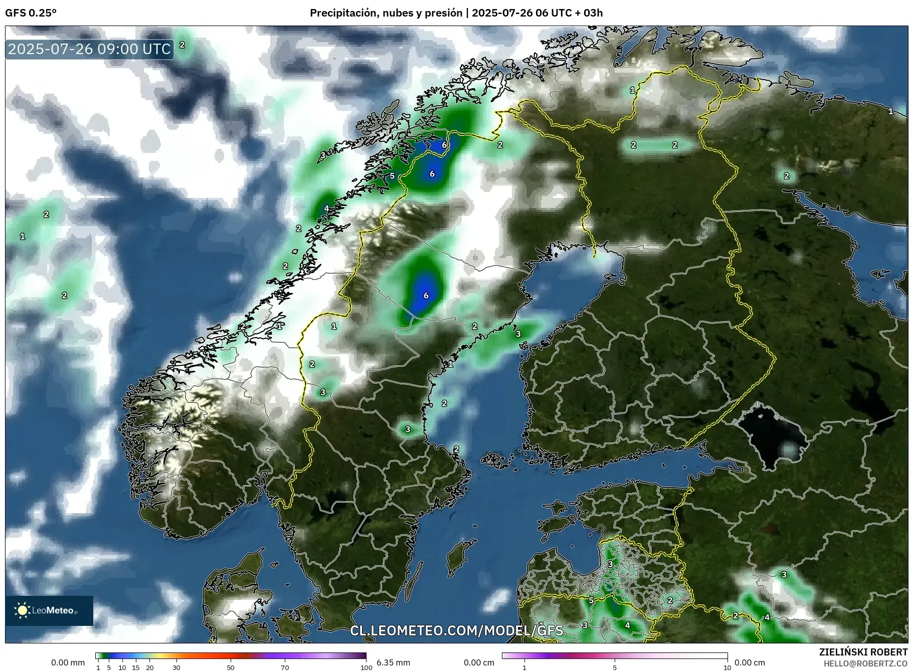 GFS model - Escandinavia, Precipitación, nubes y presión
