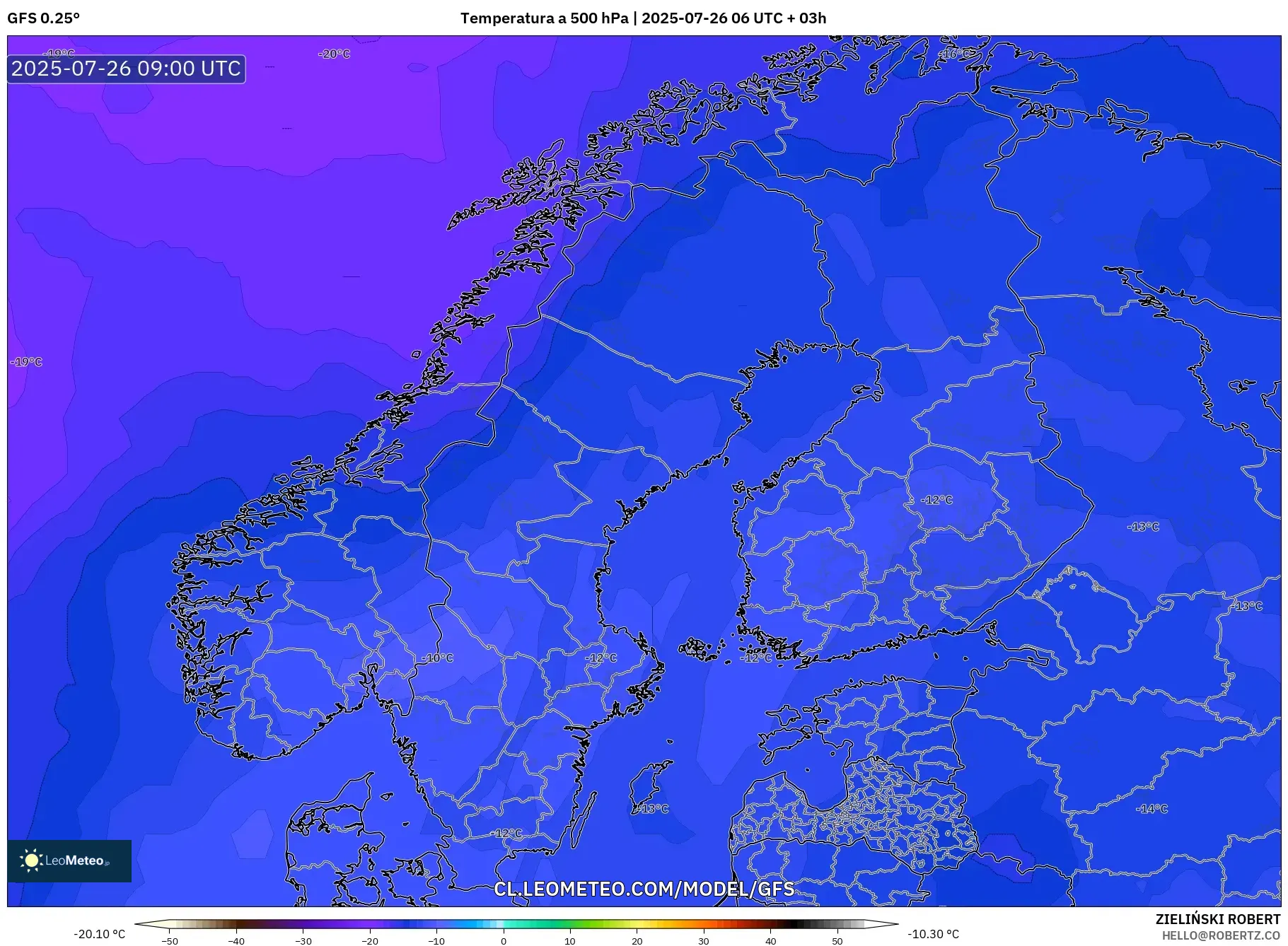GFS model - Escandinavia, Temperatura a 500 hPa