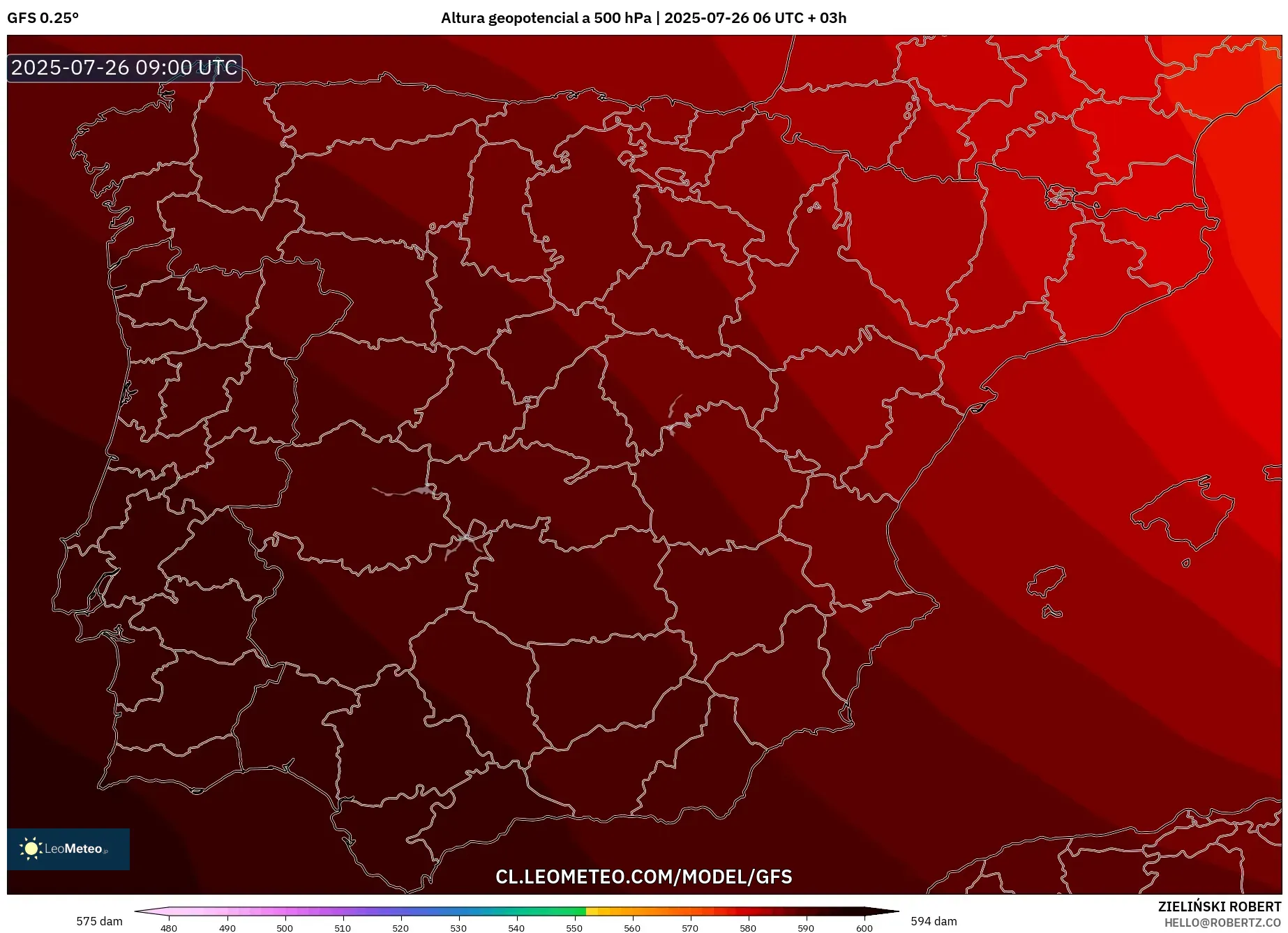 GFS model - España, Altura geopotencial a 500 hPa