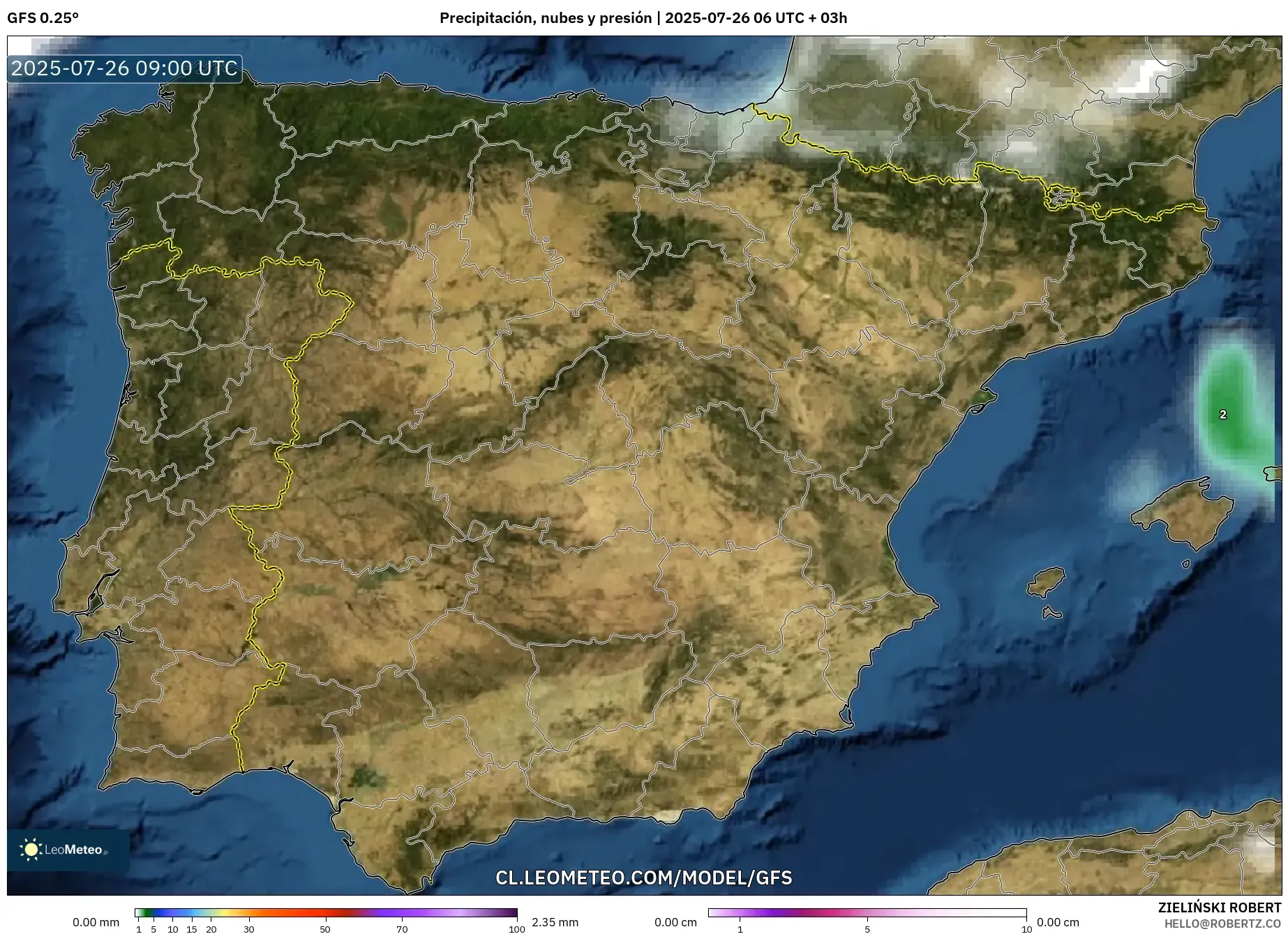 GFS model - España, Precipitación, nubes y presión