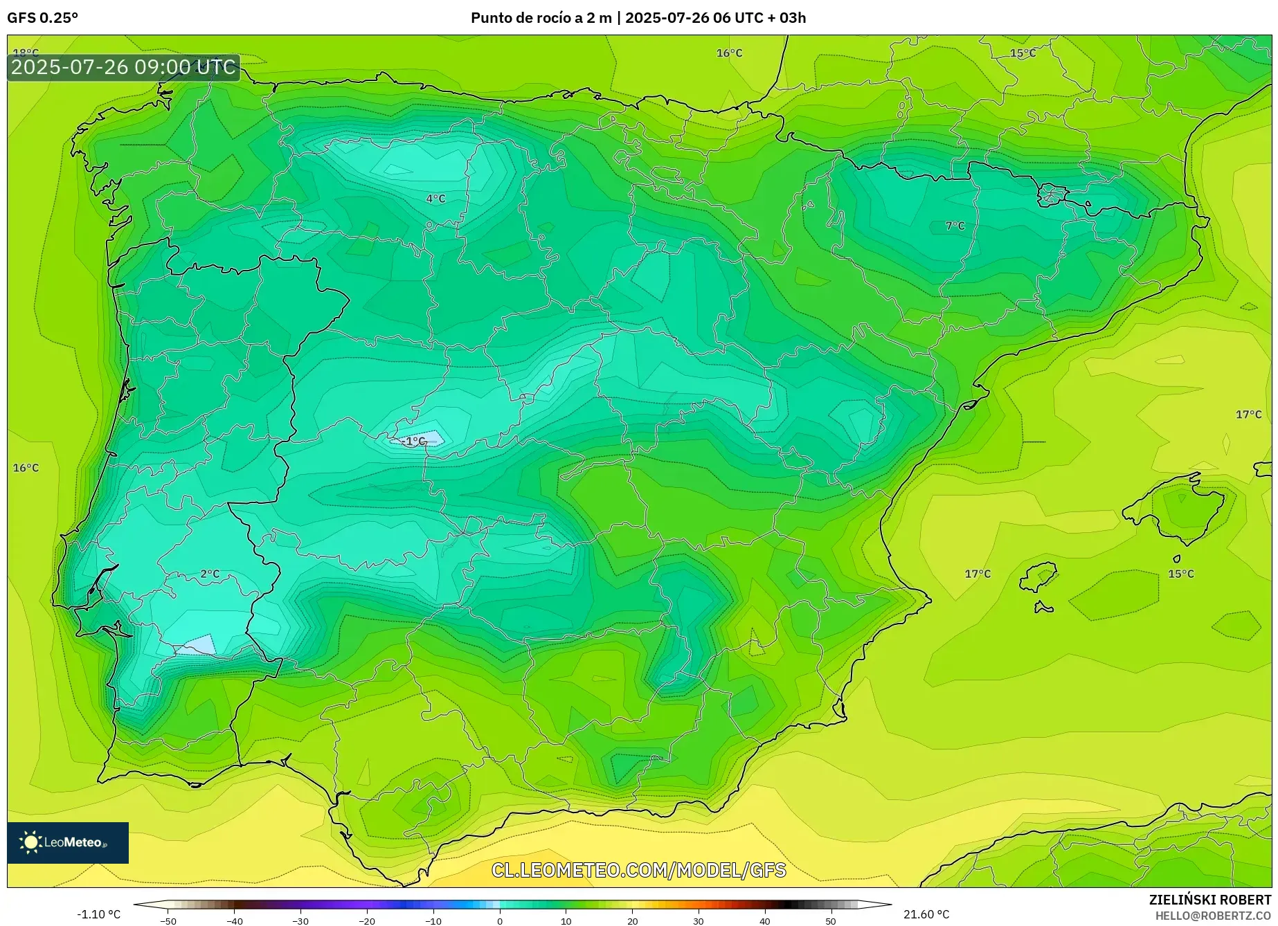 GFS model - España, Punto de rocío a 2 m
