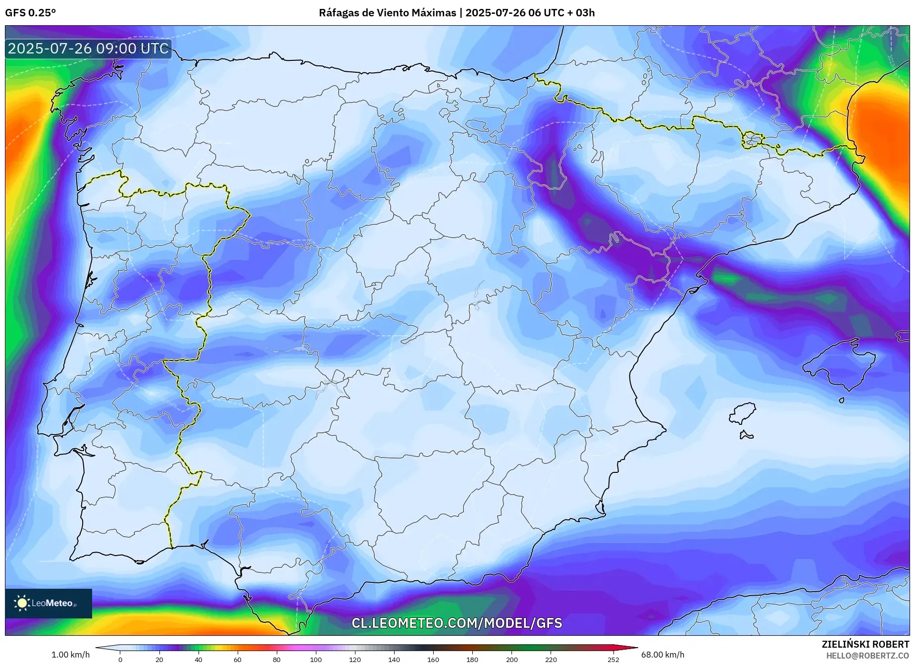 GFS model - España, Ráfagas de Viento Máximas