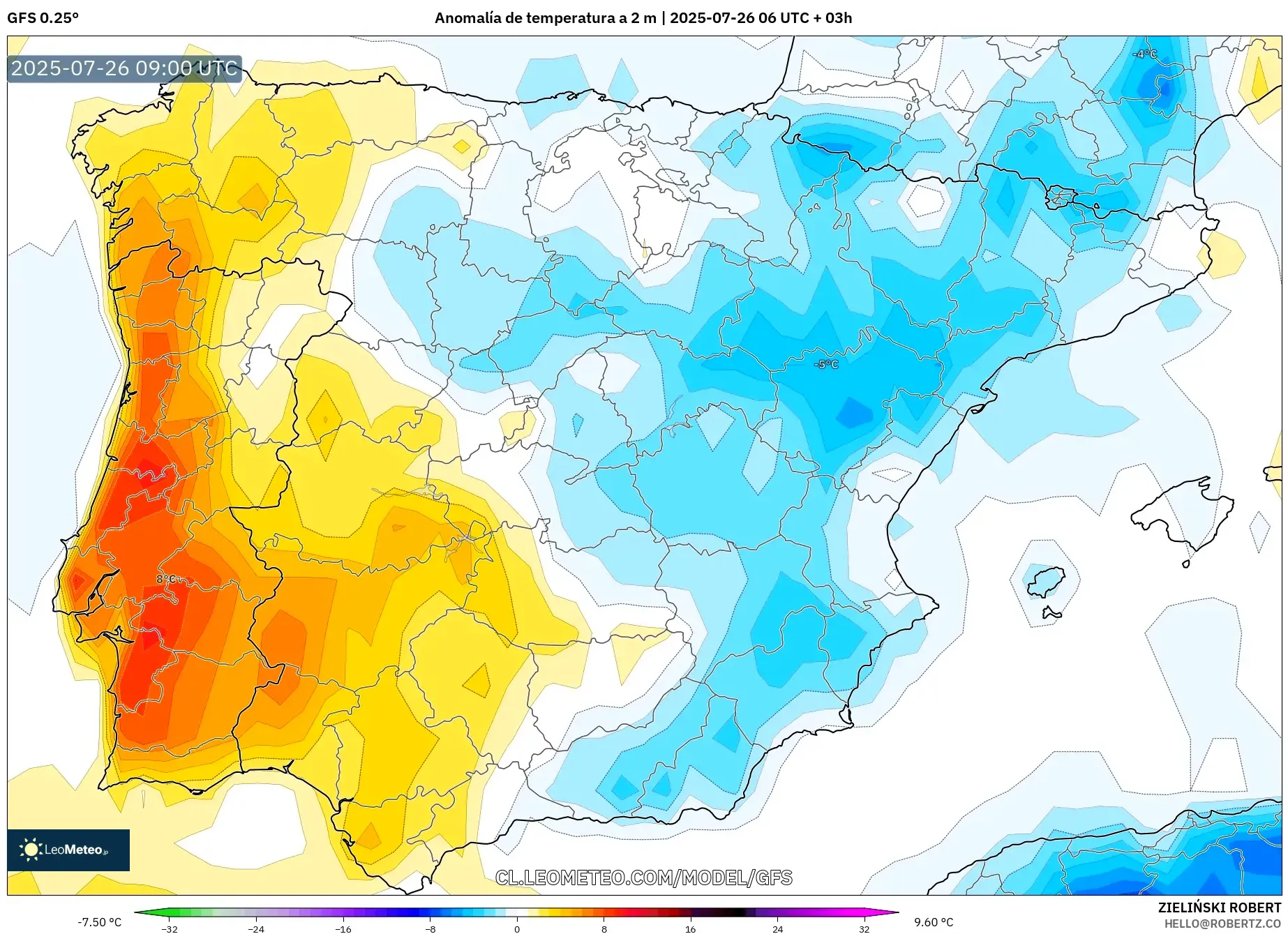 GFS model - España, Anomalía de temperatura a 2 m