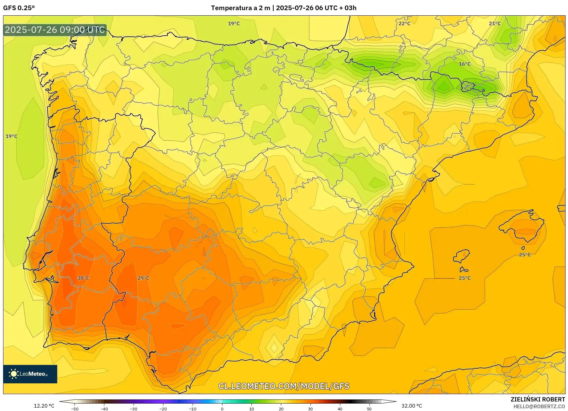 GFS model - España, Temperatura a 2 m