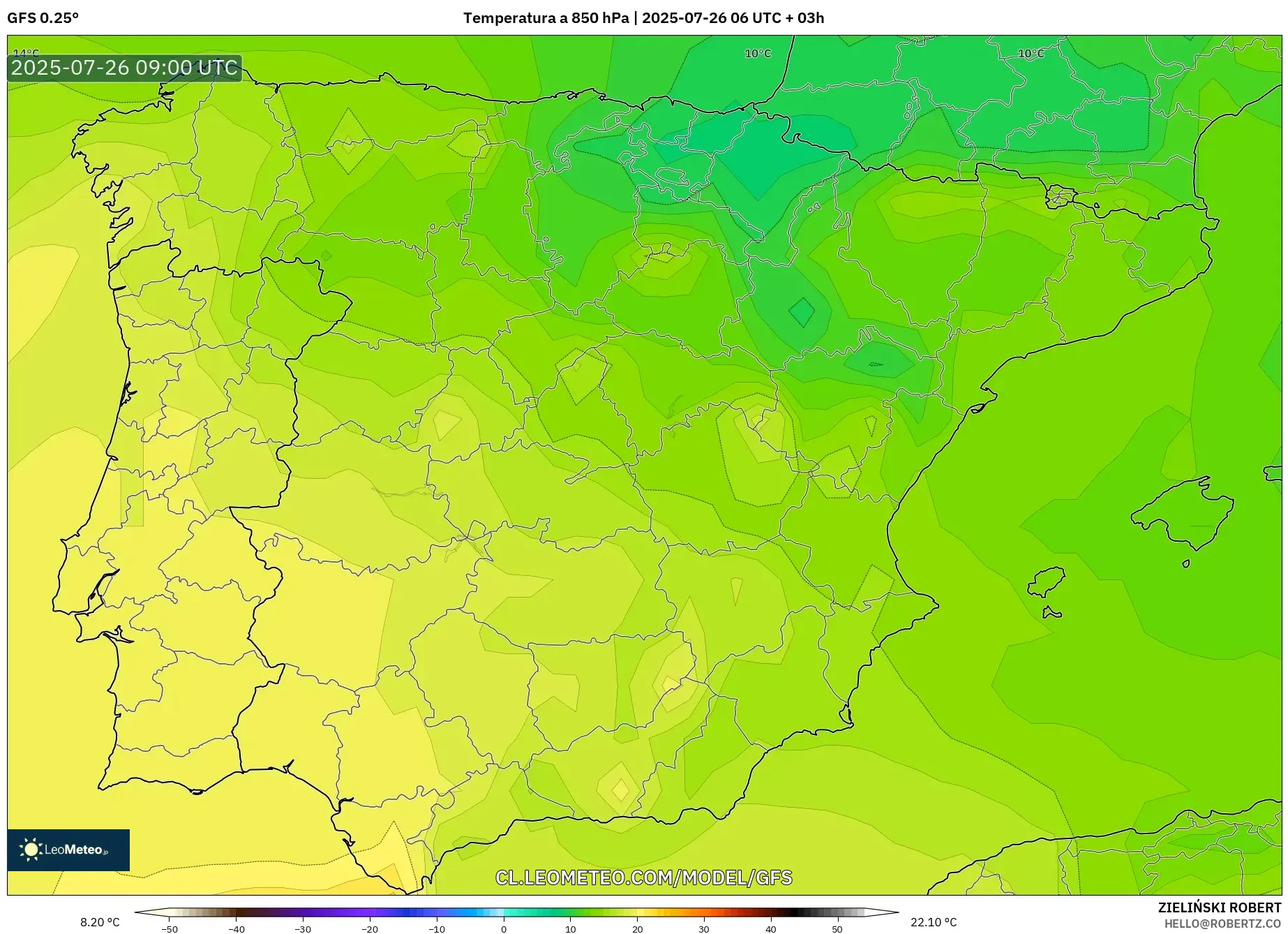 GFS model - España, Temperatura a 850 hPa