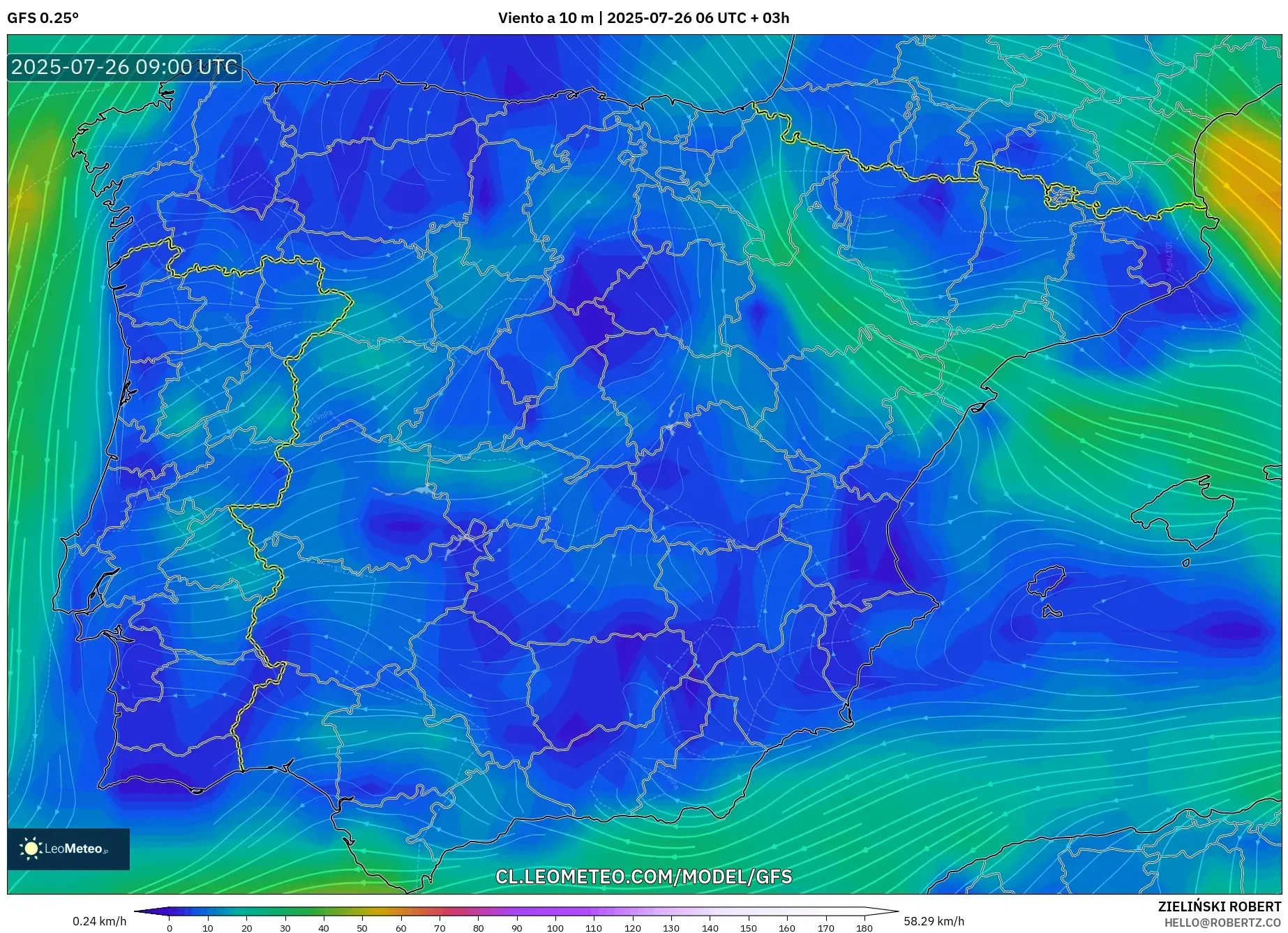 GFS model - España, Viento a 10 m