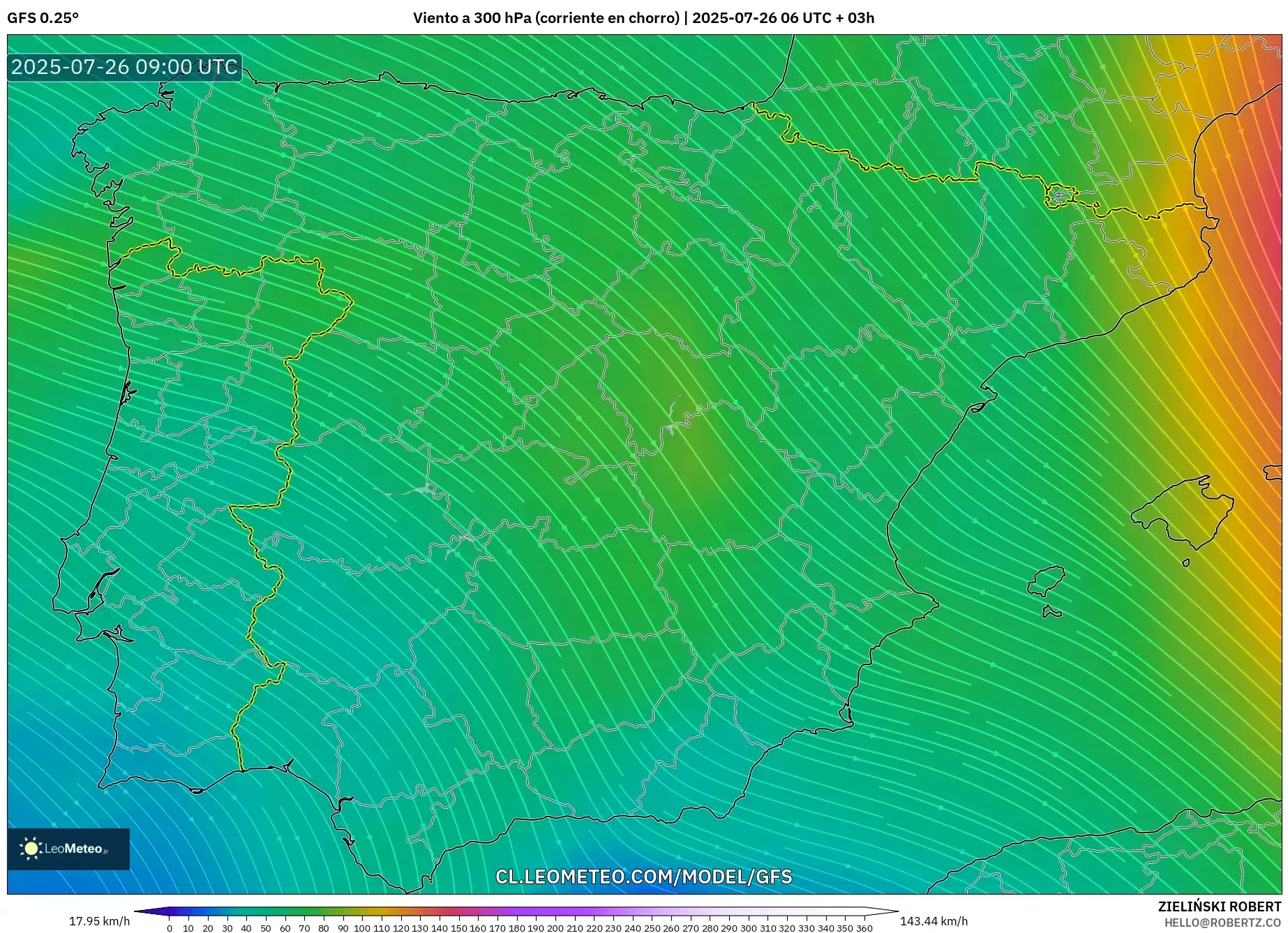 GFS model - España, Viento a 300 hPa (corriente en chorro)