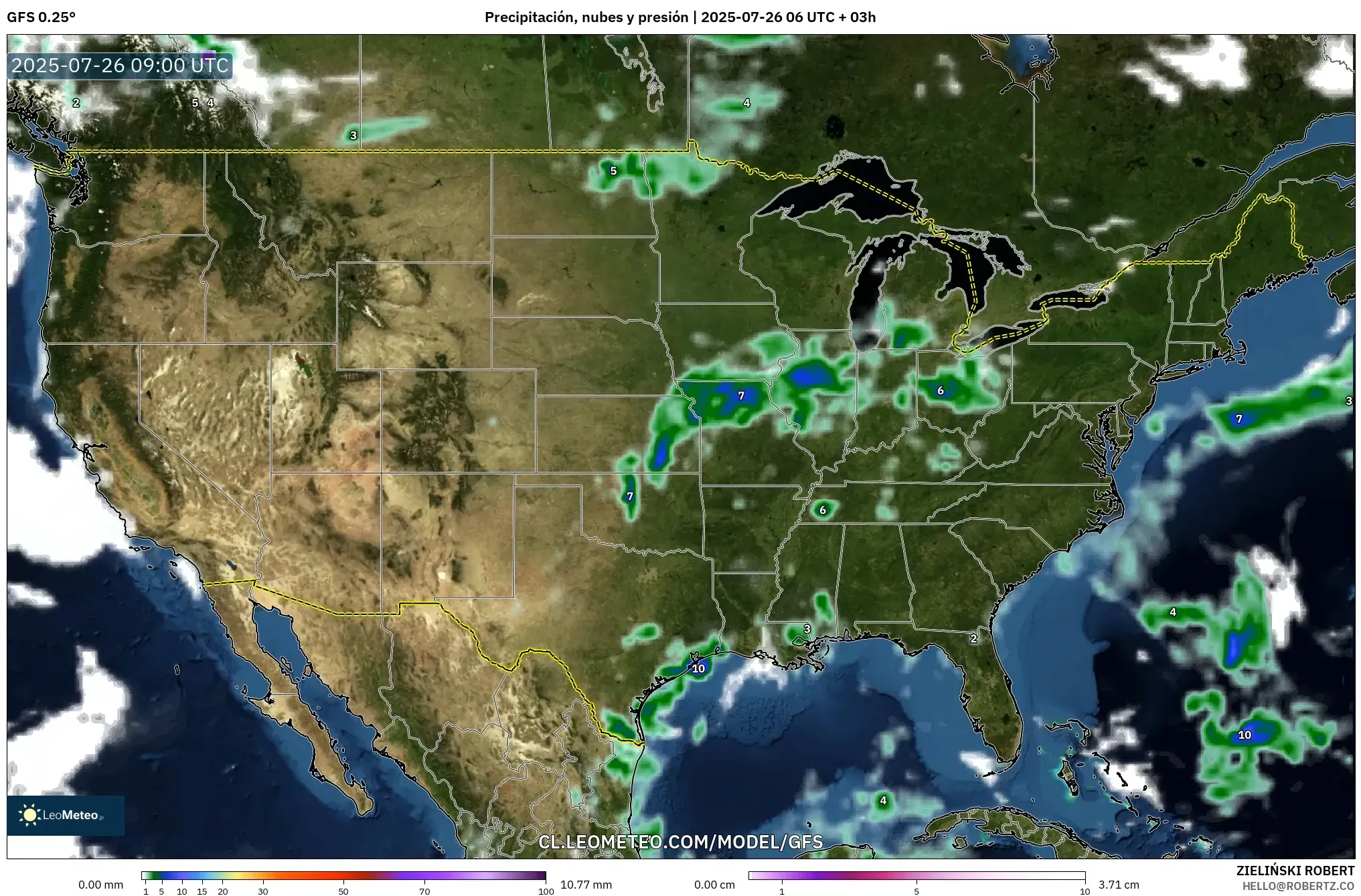 GFS model - Estados Unidos, Precipitación, nubes y presión