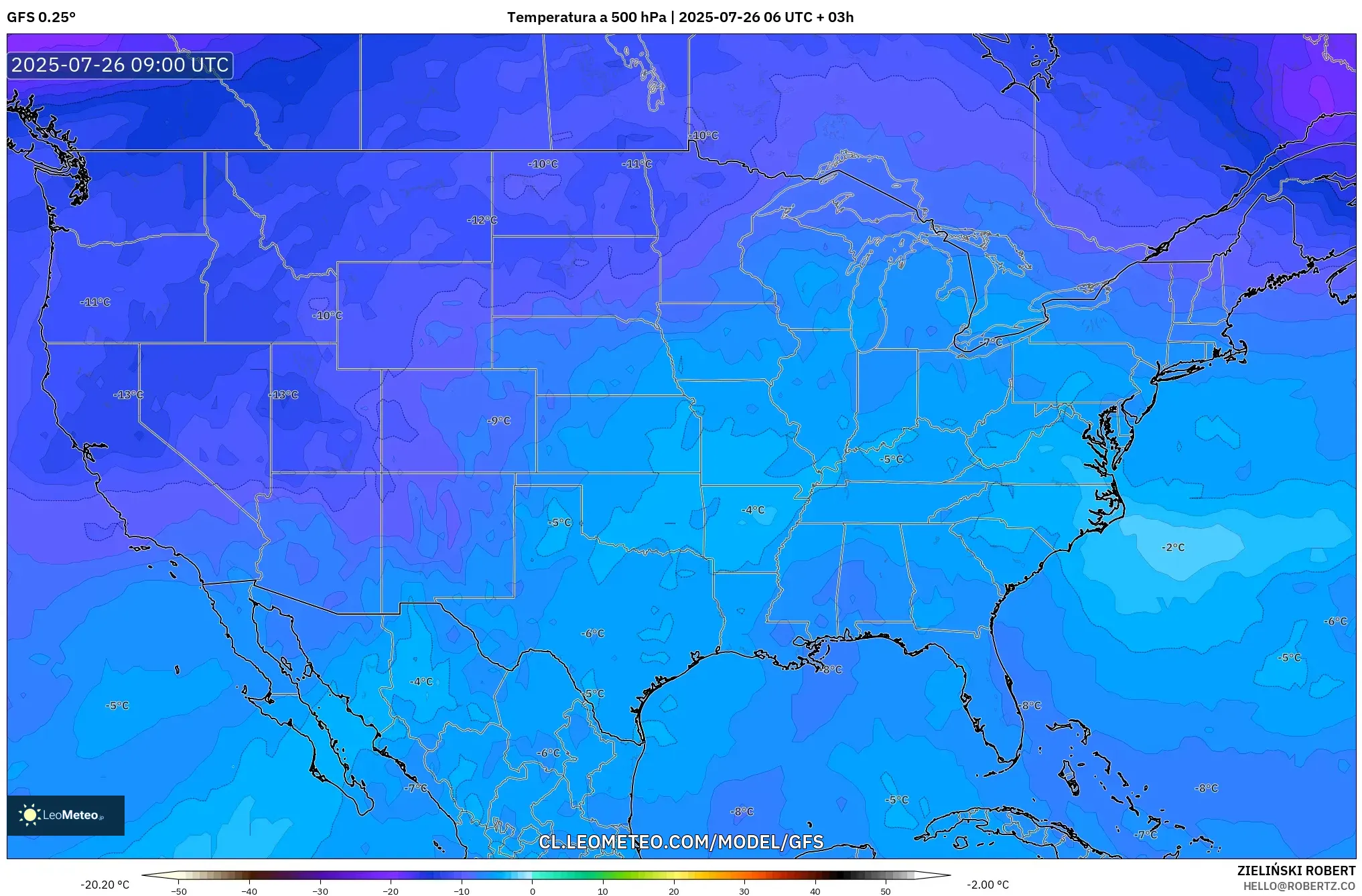 GFS model - Estados Unidos, Temperatura a 500 hPa