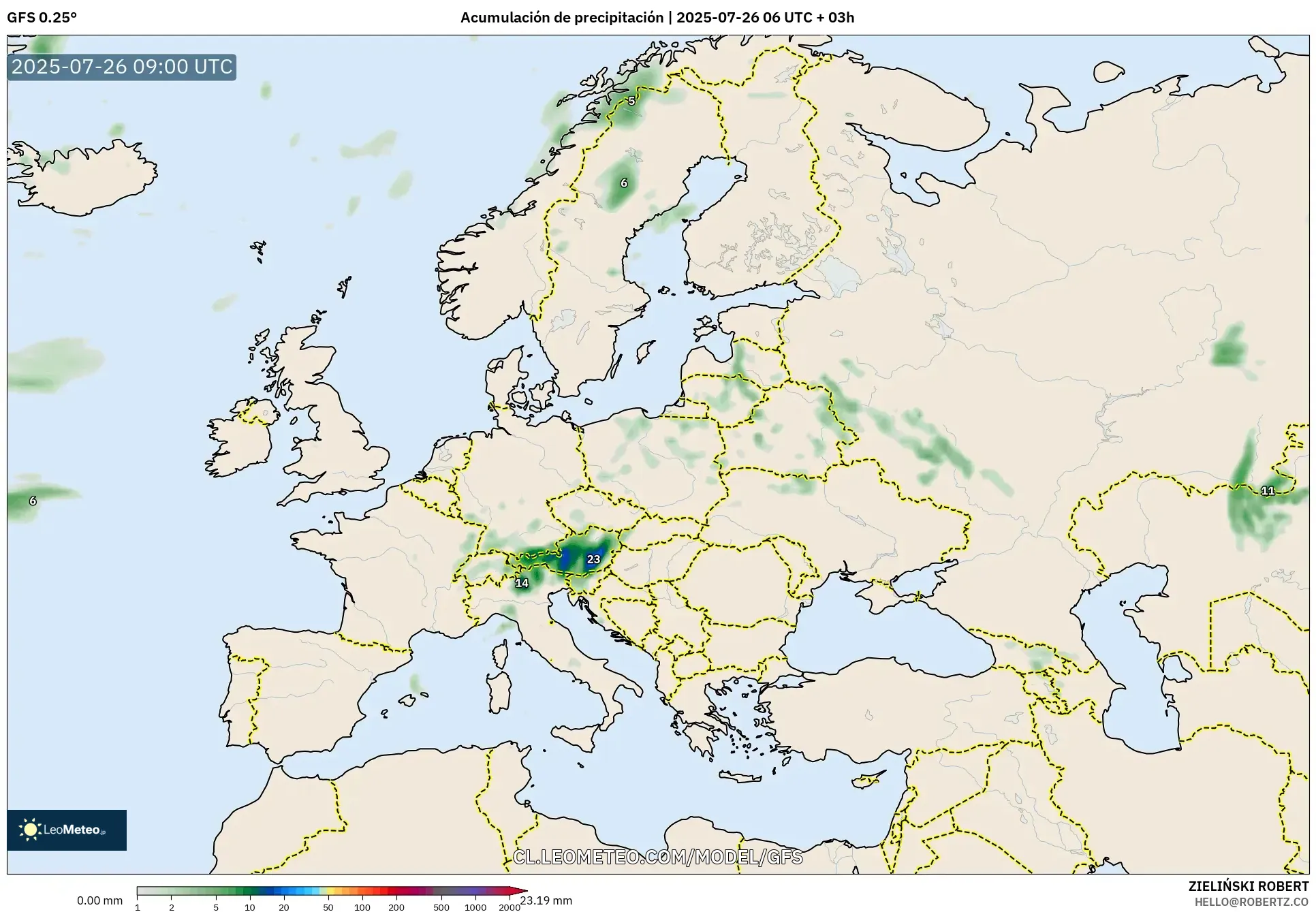 GFS model - Europa, Acumulación de precipitación
