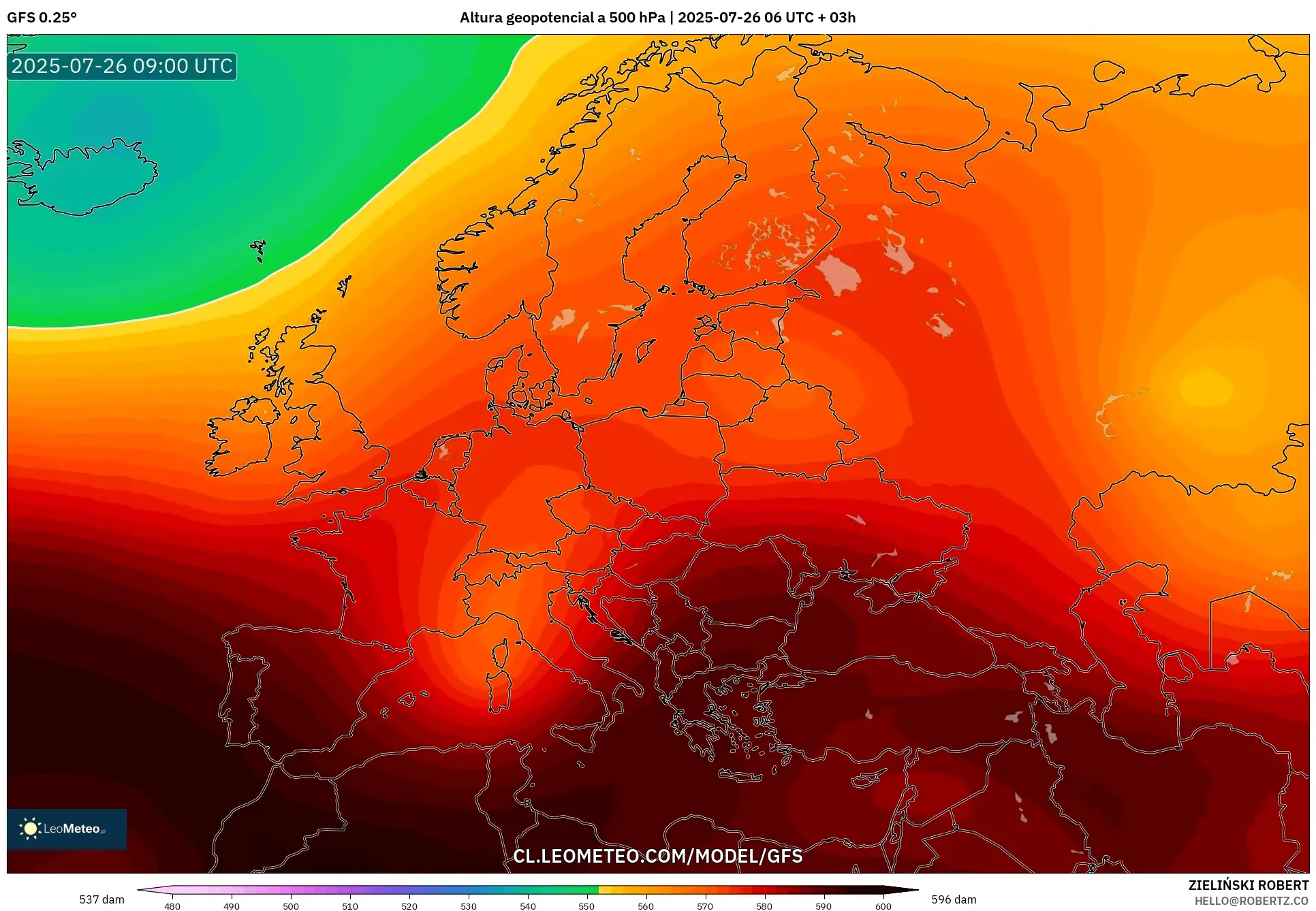 GFS model - Europa, Altura geopotencial a 500 hPa
