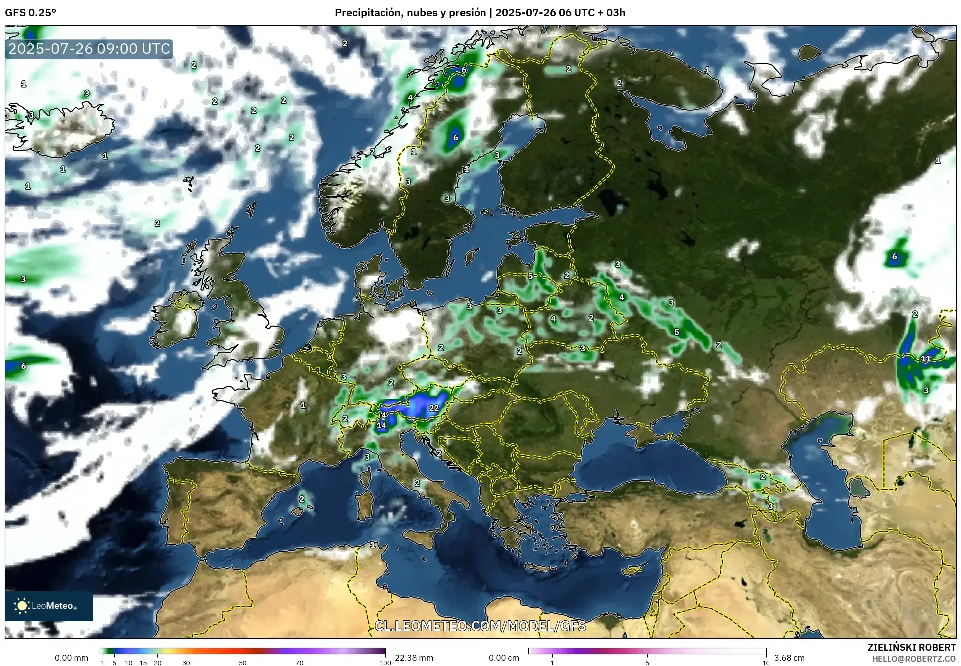 GFS model - Europa, Precipitación, nubes y presión