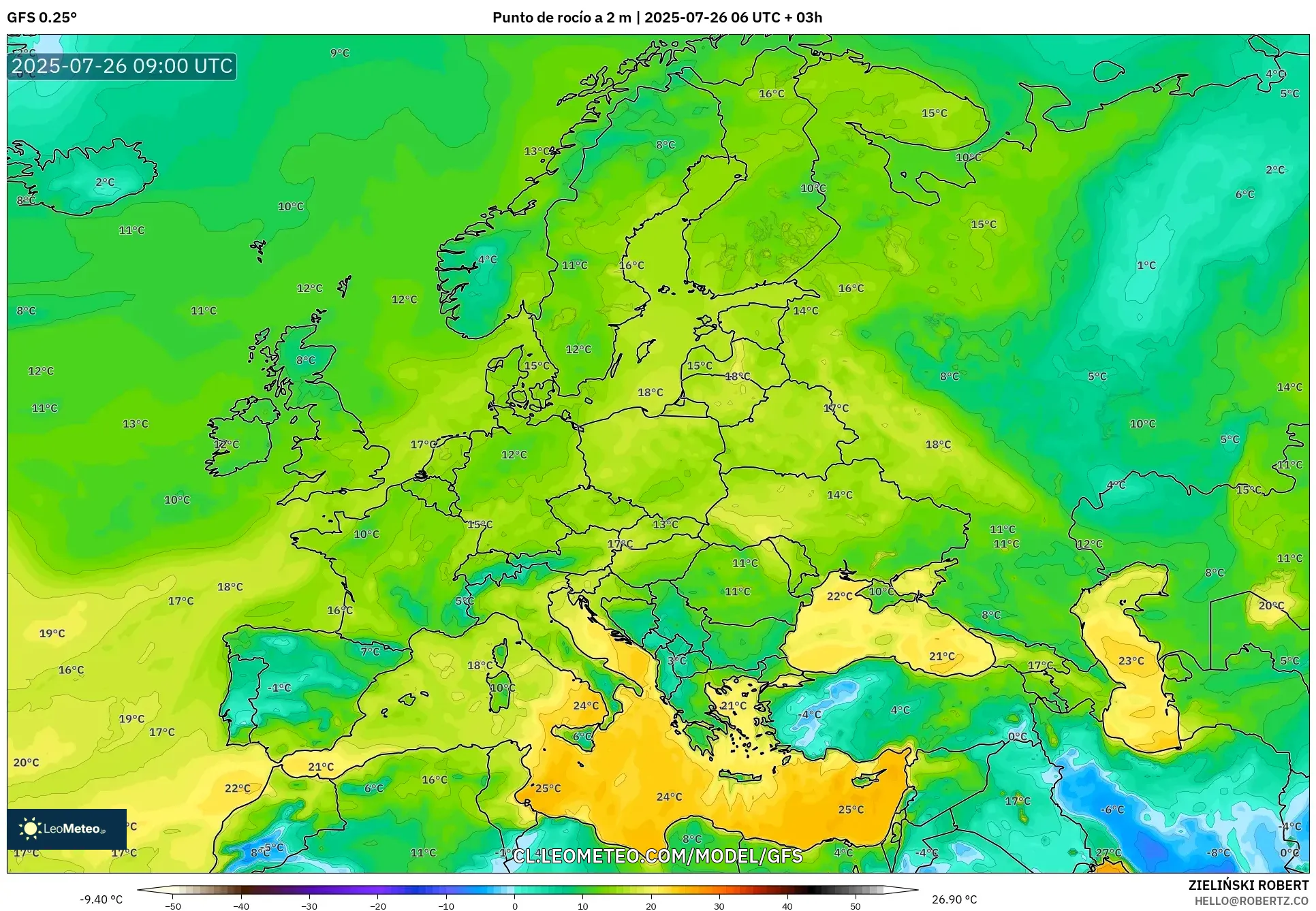 GFS model - Europa, Punto de rocío a 2 m