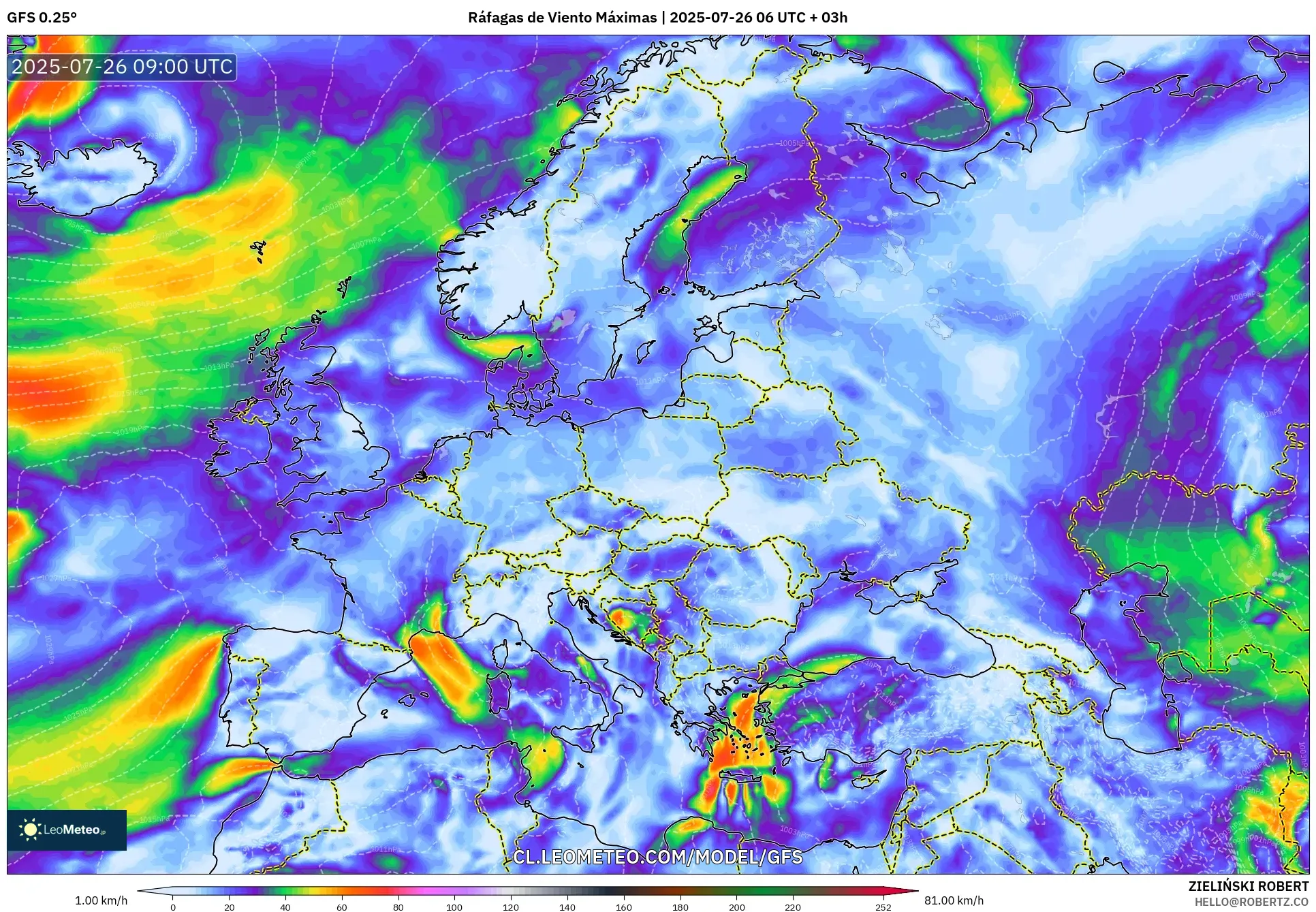 GFS model - Europa, Ráfagas de Viento Máximas