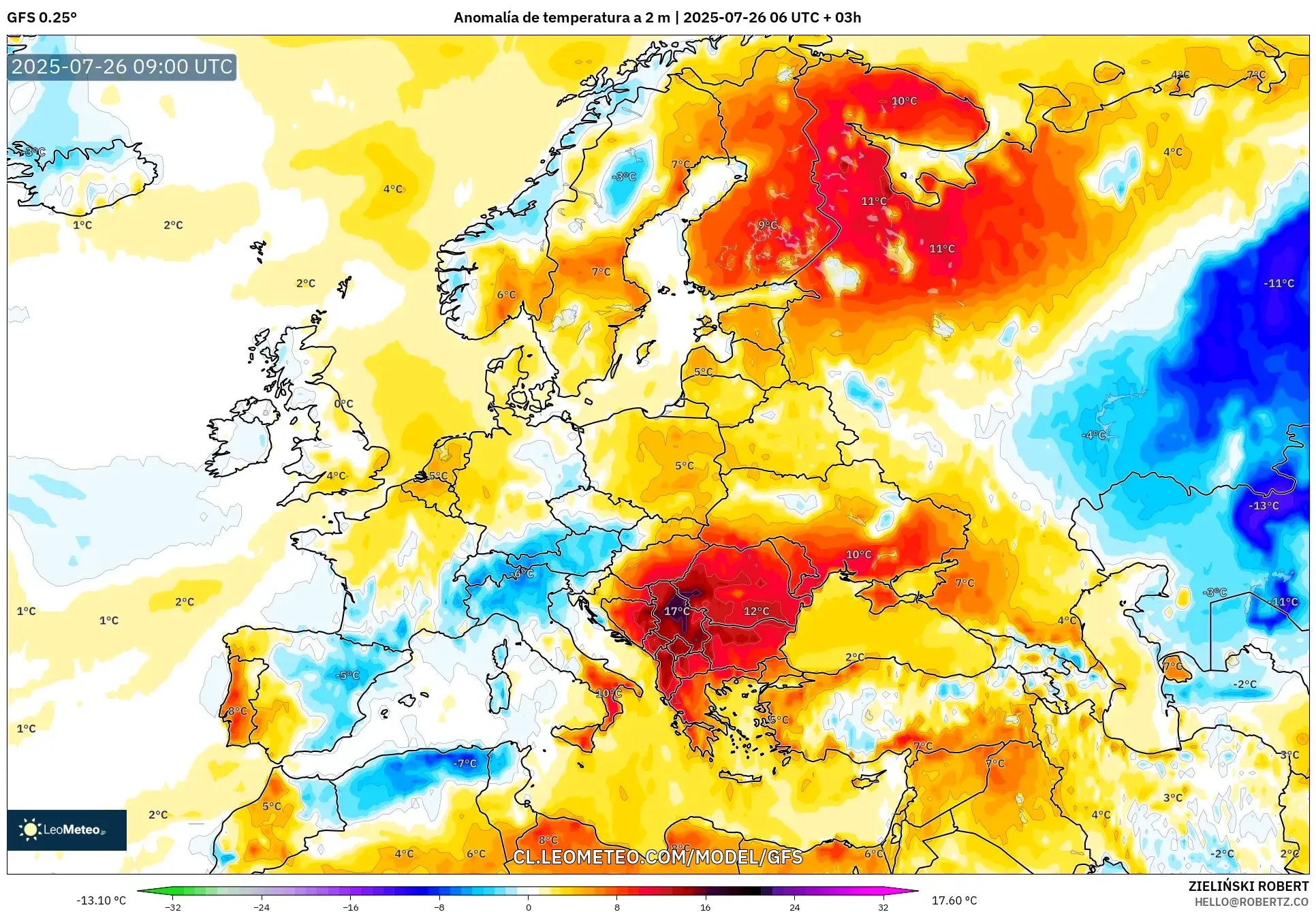GFS model - Europa, Anomalía de temperatura a 2 m